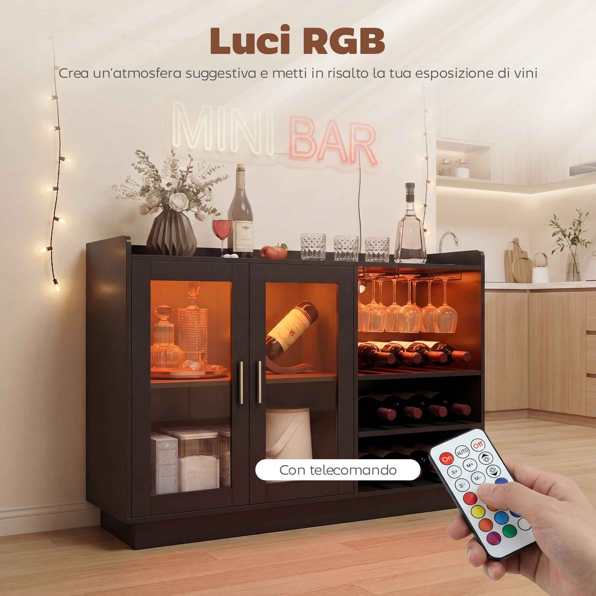 HOMCOM Wine Rack with LED Light and Adjustable Shelf, Wood and Glass, 120x38x88 cm, Black