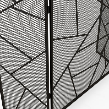 3-Panel Foldable Fireplace Spark Guard with Geometric Design, 135x1.2x85cm, Black