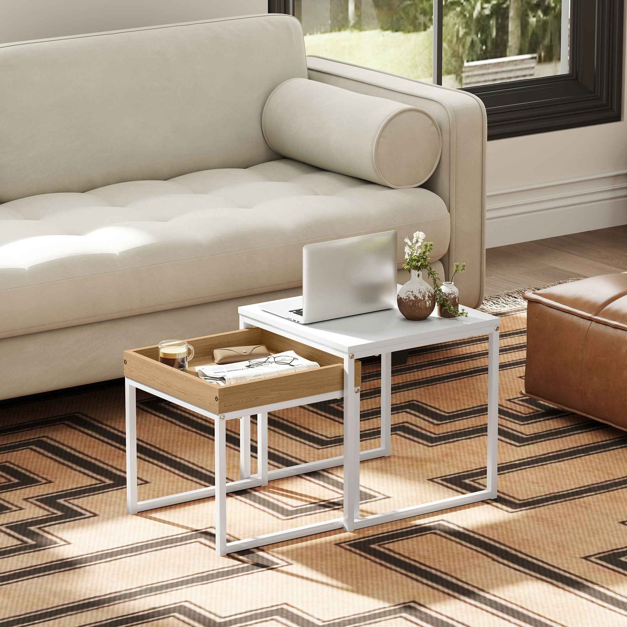 HOMCOM Modern Stackable Coffee Table Set with Tray, 45x45x45 cm, White and Oak