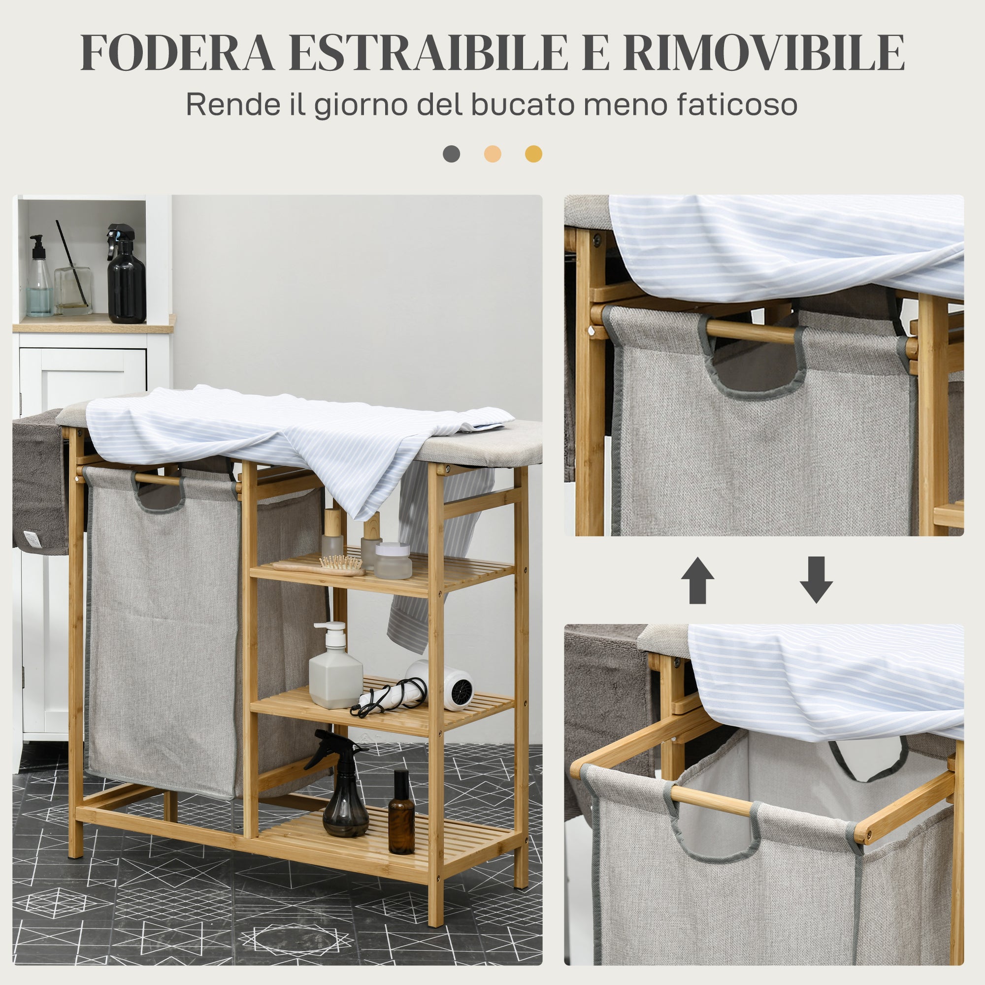 Bamboo and Polyester Laundry Basket with Ironing Board and 3-Tier Shelf, 113x34x82 cm