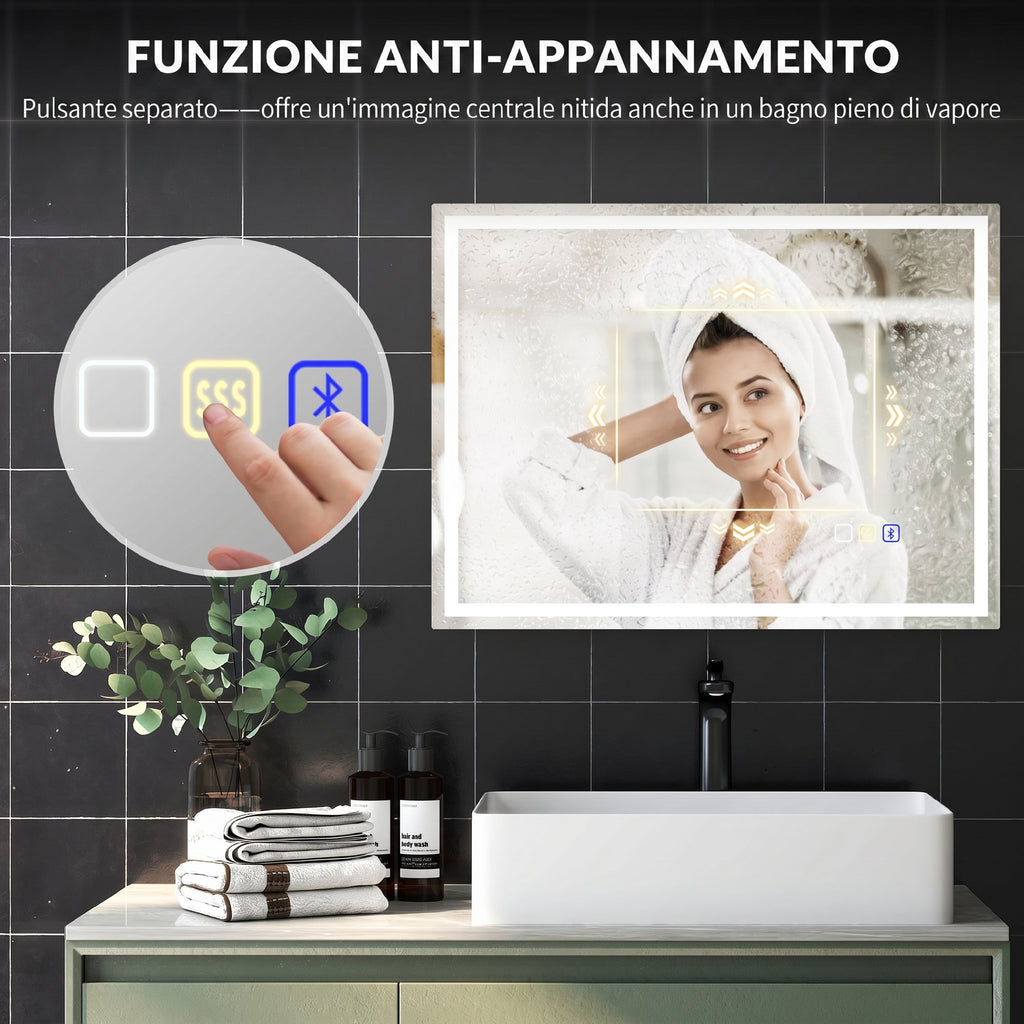 HOMCOM Anti-Fog Bathroom Mirror with Adjustable LED Light, Bluetooth Speaker, Touch Buttons, 80x60 cm