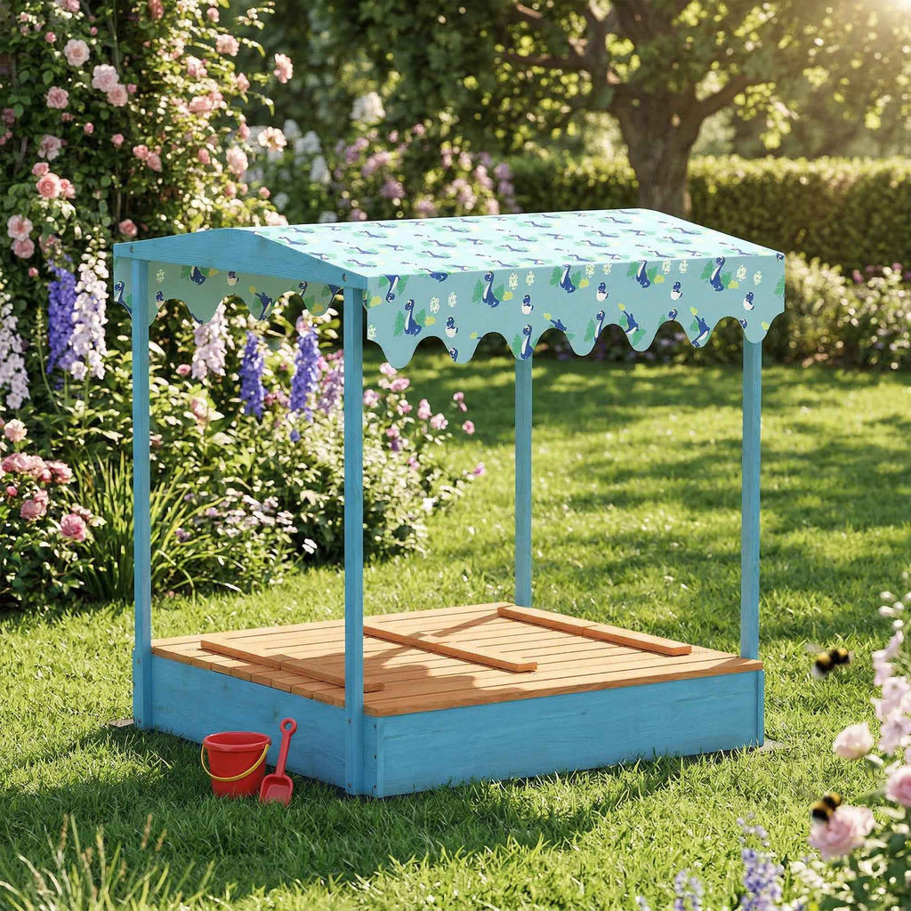 Sandpit for Children 3-6 Years with Dinosaur Canopy, Folding Seats, Lid and Liner Included, Children's Sandpit in Fir Wood, 134.5x127.5x130 cm, Blue