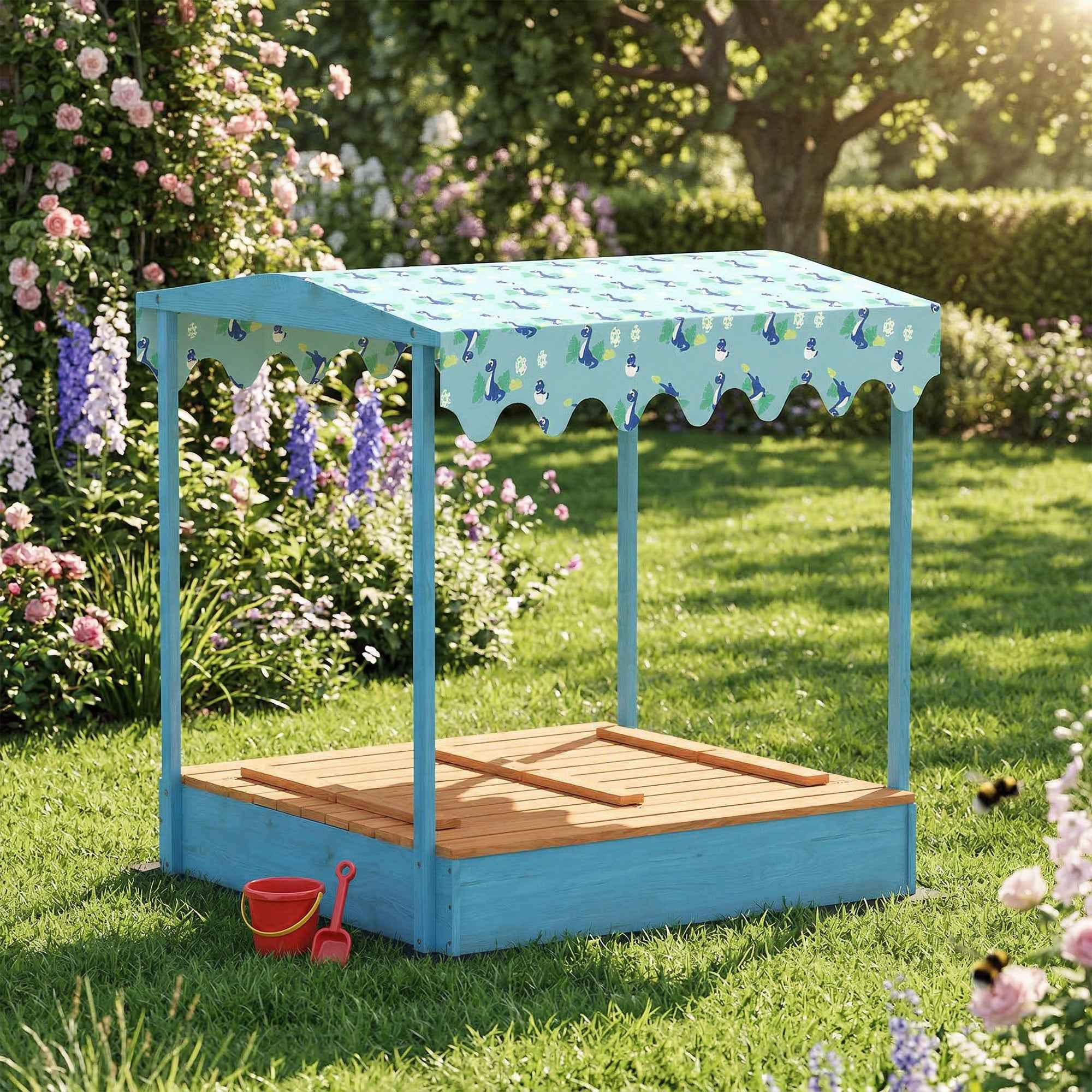 Sandpit for Children 3-6 Years with Dinosaur Canopy, Folding Seats, Lid and Liner Included, Children's Sandpit in Fir Wood, 134.5x127.5x130 cm, Blue