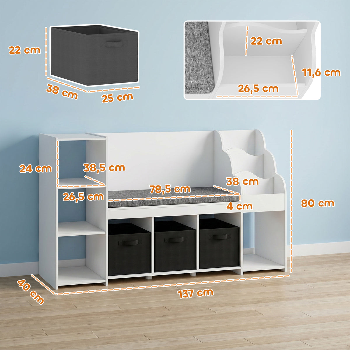 AIYAPLAY Toy Storage Rack for Children Ages 3-8 with 3-Tier Bookshelf, 3 Drawers, 4 Compartments, Cushion, White