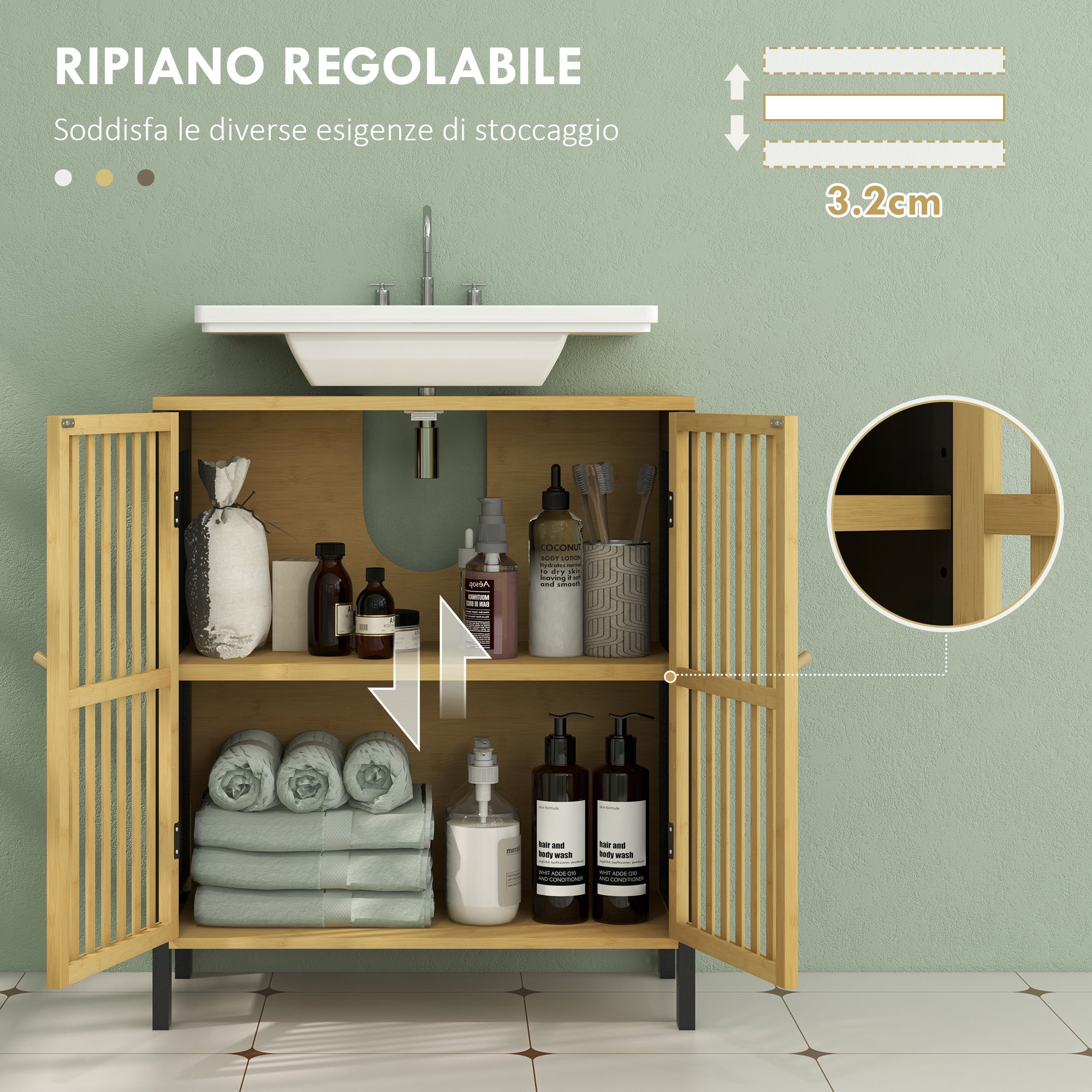 HOMCOM Bathroom Vanity Unit with 2 Slatted Doors in Bamboo Wood and MDF with U-Cut, 60x30x70cm - Borgè