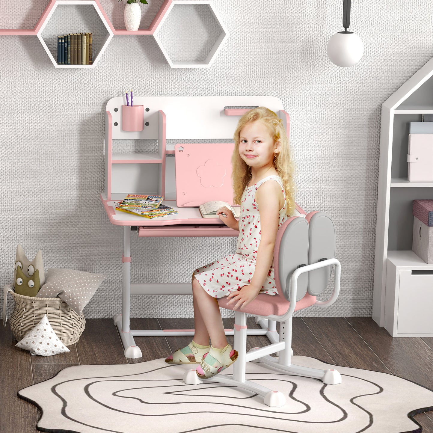 Adjustable Children's Desk and Chair Set, School Desk with Tilting Top, Drawer, Shelf, Pink