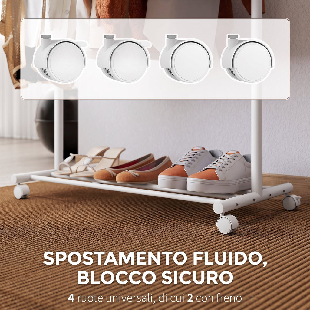 HOMCOM Metal Coat Rack with Wheels, 5 Hooks and Lower Shoe Shelf, Load Capacity 9 kg, White