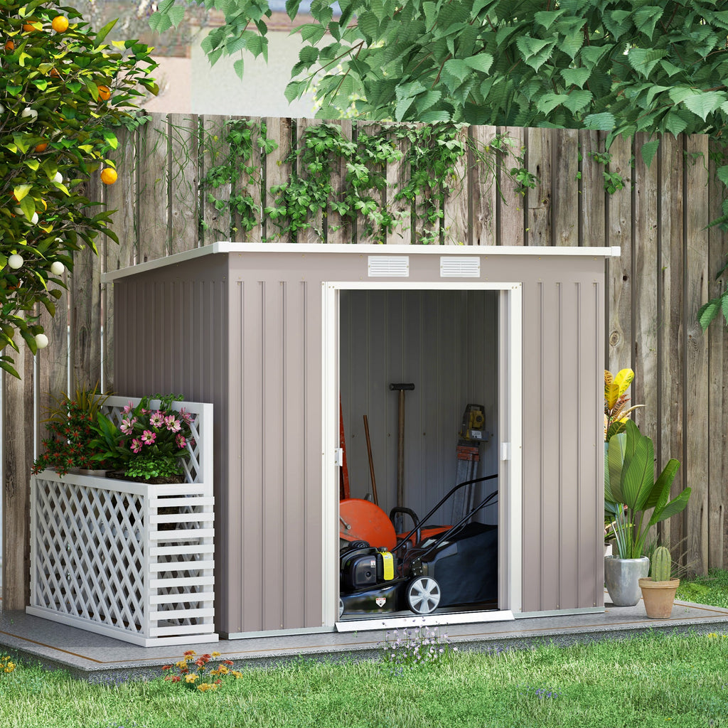 Tool Shed with Sloped Roof, 2 Entrances and Air Intakes, in Galvanized Steel, 213x130x172 cm, Gray
