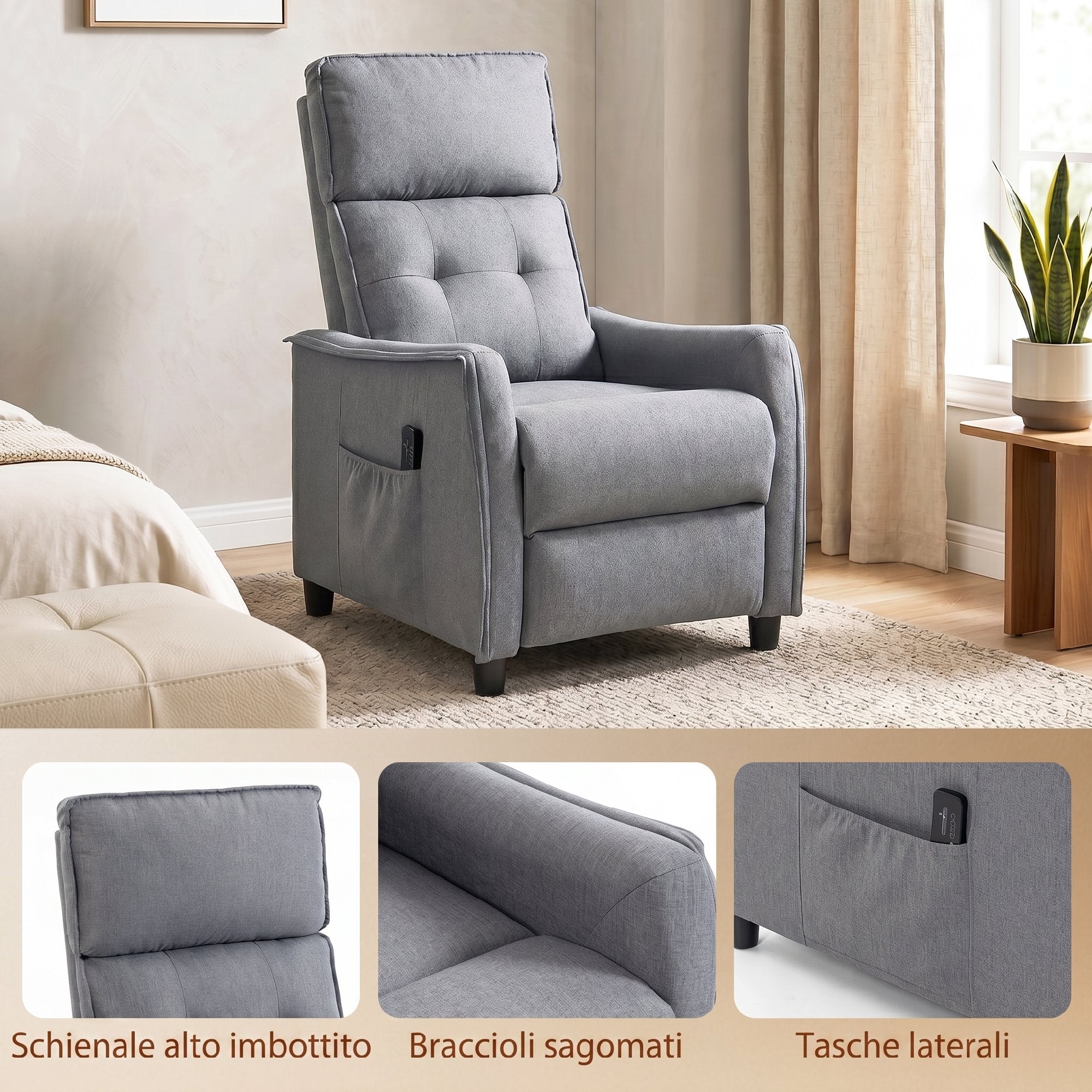 HOMCOM 160° Reclining Massage Chair with Footrest and Remote Control, 69x93x104 cm, Light Grey Linen Effect