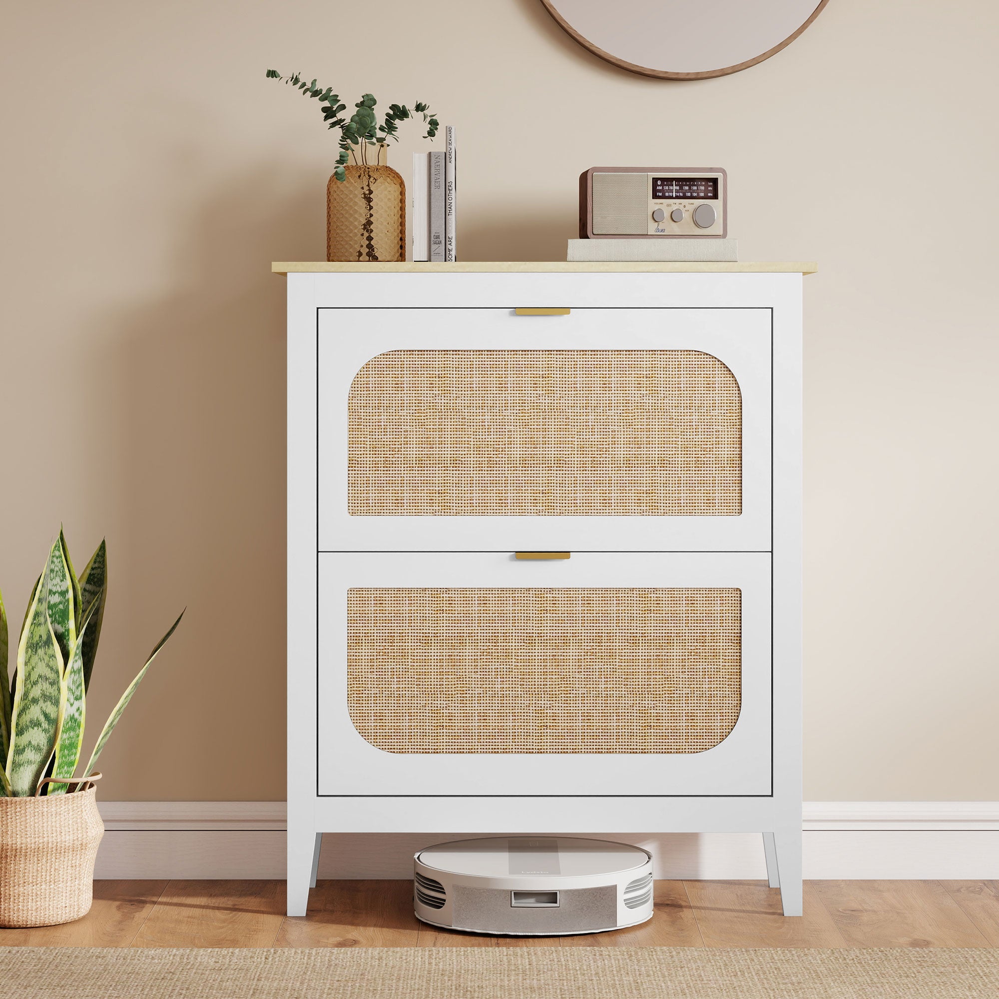 Slim Boho Style Shoe Rack with 2 Folding Drawers for 14 Pairs of Shoes, 80x24x95.5 cm, White