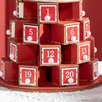 Christmas Cone Advent Calendar with Themed Patterns and 10 LED Lights, 22x22x35 cm, Plywood, Red, Green and Yellow