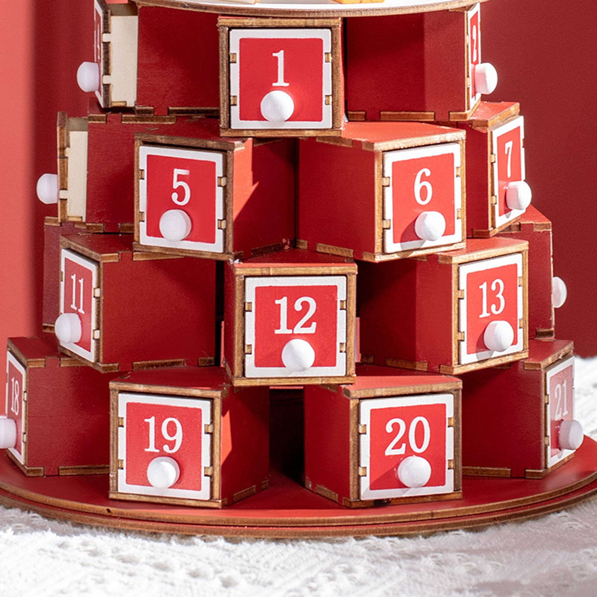 Christmas Cone Advent Calendar with Themed Patterns and 10 LED Lights, 22x22x35 cm, Plywood, Red, Green and Yellow