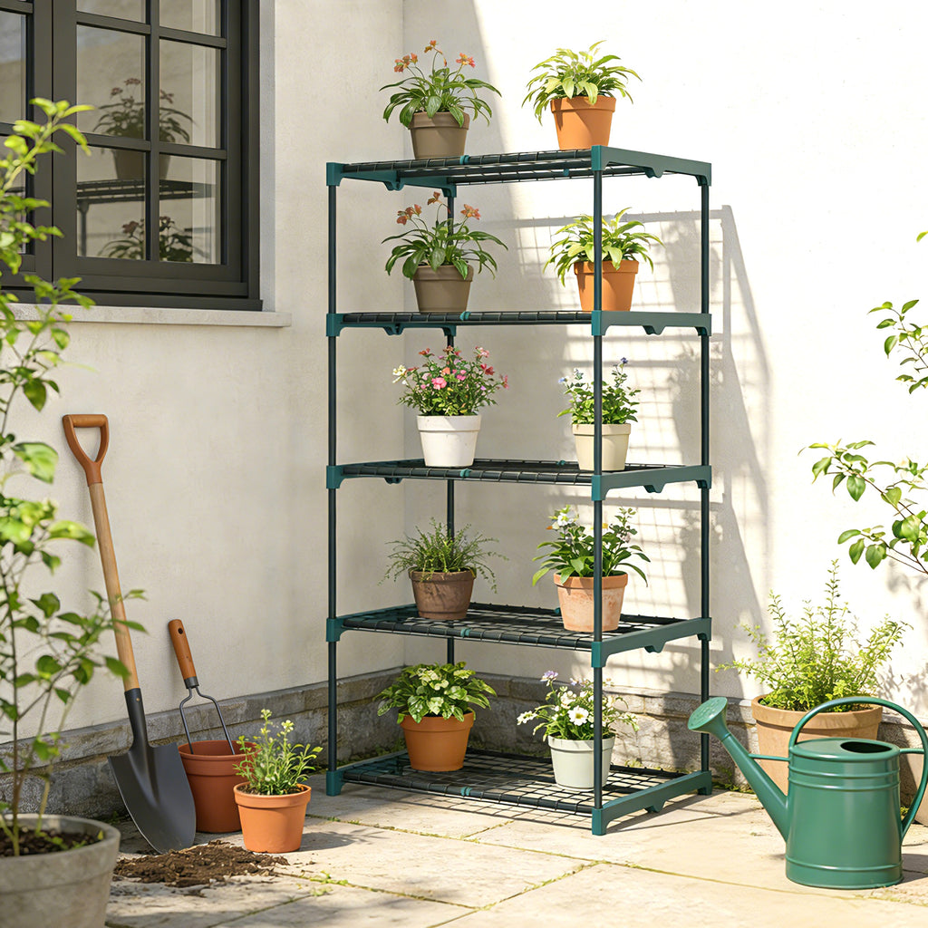 Outsunny 5-Tier Open Plant Stand in Steel and Plastic, 67x49x138 cm, Dark Green