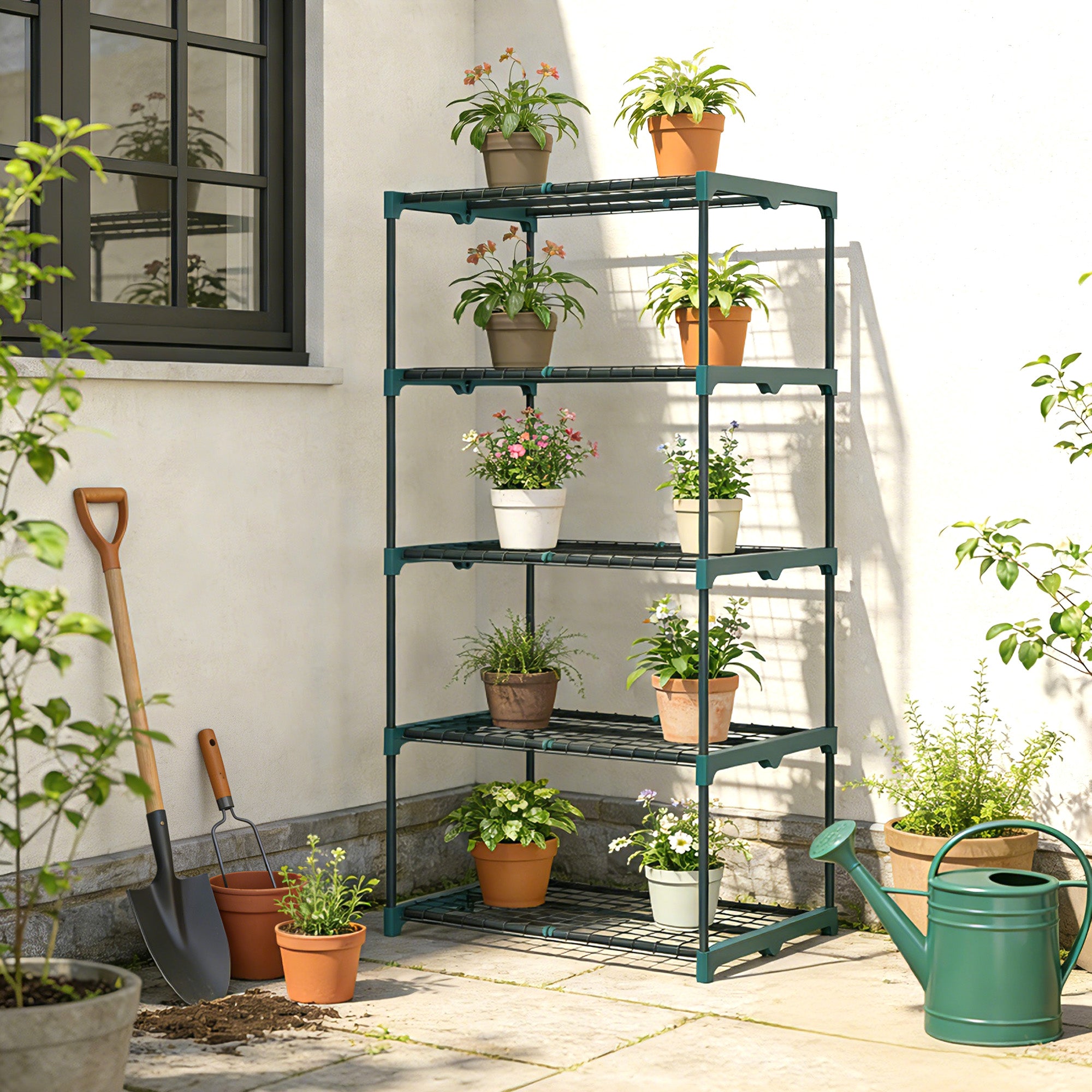 Outsunny 5-Tier Open Plant Stand in Steel and Plastic, 67x49x138 cm, Dark Green
