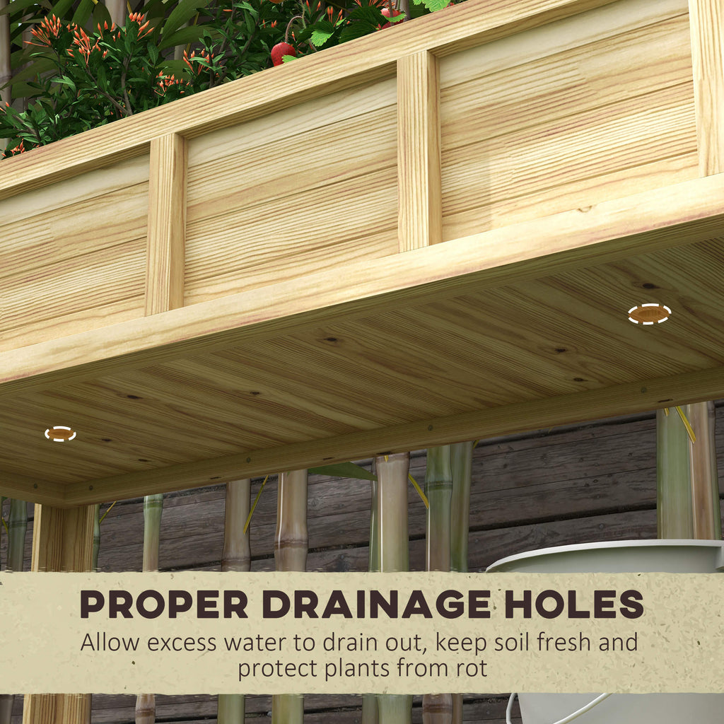 Outsunny Raised Wooden Planter with Bottom Shelf, Divider, Drainage Holes, 115x46x75 cm, Wood Color