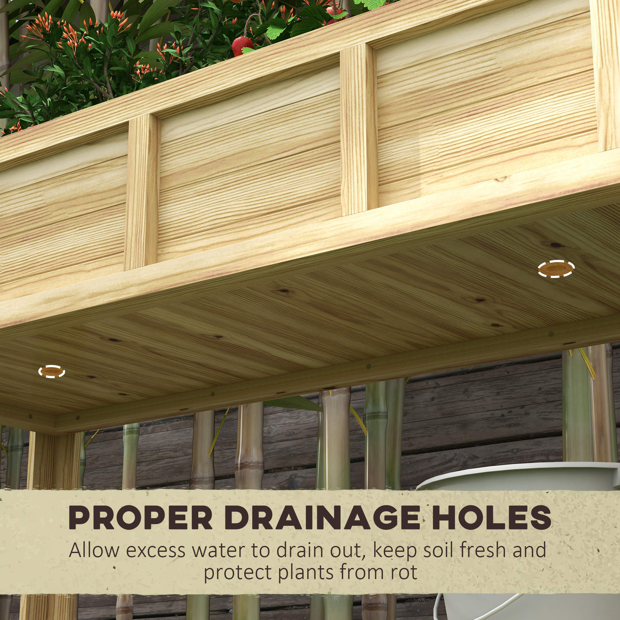 Outsunny Raised Wooden Planter with Bottom Shelf, Divider, Drainage Holes, 115x46x75 cm, Wood Color