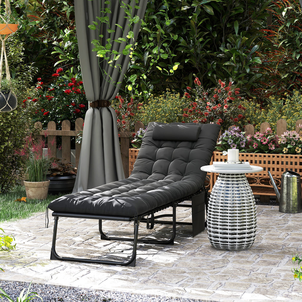 Outsunny Folding Sun Lounger with Cushion, Headrest and Side Pocket, 58x189x32.5 cm, Black