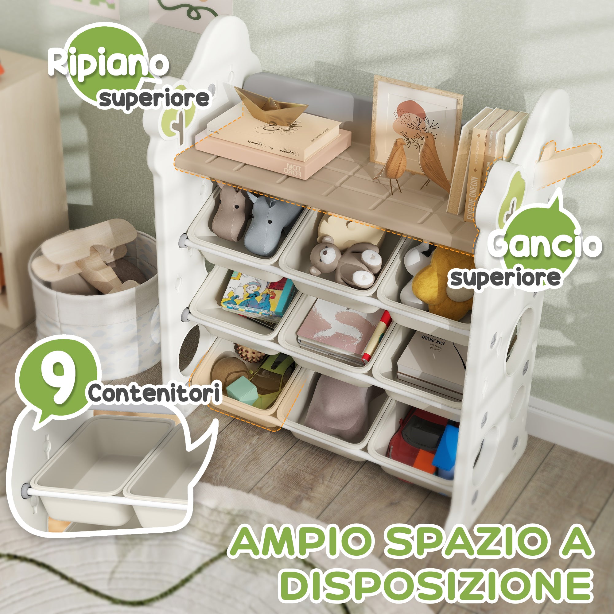 4-Tier Toy Storage Rack with 9 Bins and Side Hook, HDPE, 77x42x94 cm, Cream White