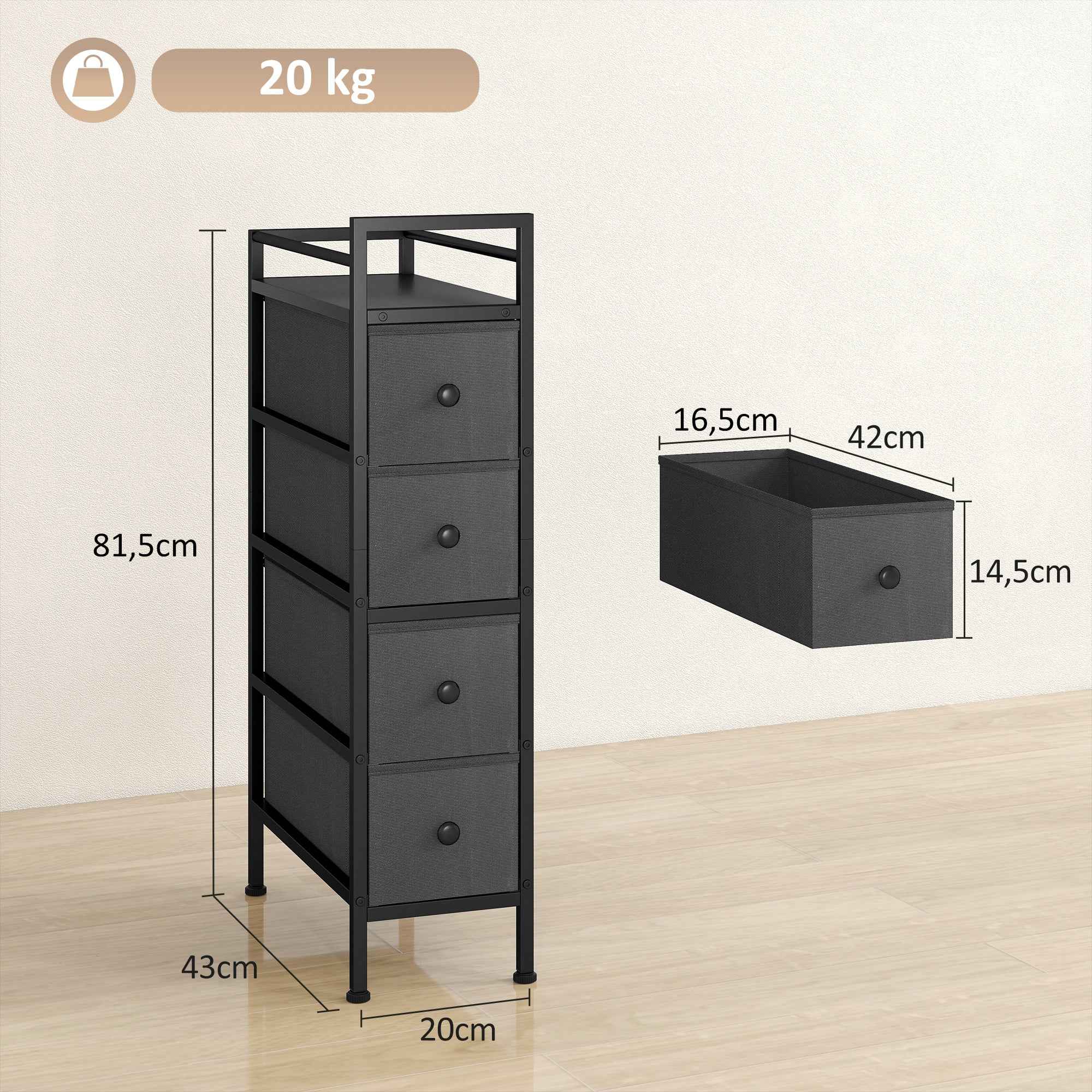 HOMCOM Space-Saving Slim Fabric Chest of Drawers with 4 Drawers, Steel Frame for Bedroom, Living Room, Black