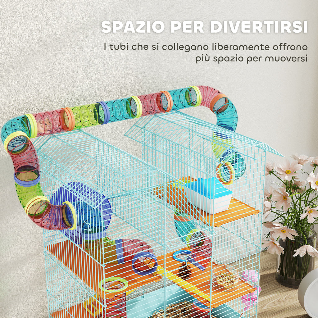 5-Story Hamster Cage with Colorful Tubes, Wheel, House and Accessories, 47x30x59 cm, Blue