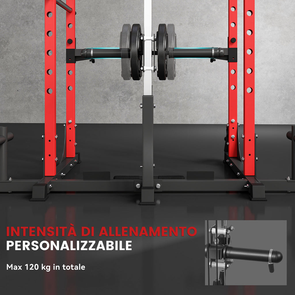 SPORTNOW Fitness Station with Barbell Stand and Pull-Up and Dip Bar, Steel, 191x153x205 cm, Red and Black