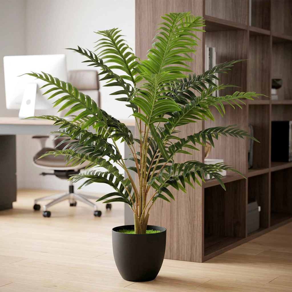 HOMCOM Artificial Fern Plant with 20 PEVA Leaves, Bendable Branches, Black PP and Cement Pot, Green