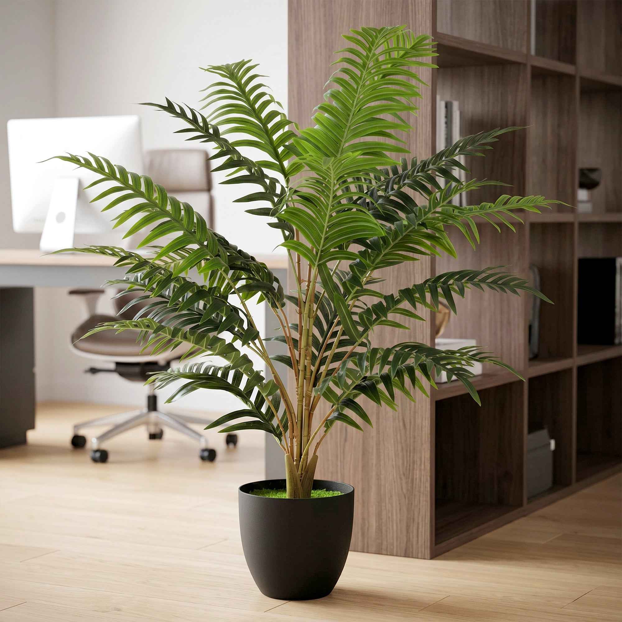 HOMCOM Artificial Fern Plant with 20 PEVA Leaves, Bendable Branches, Black PP and Cement Pot, Green