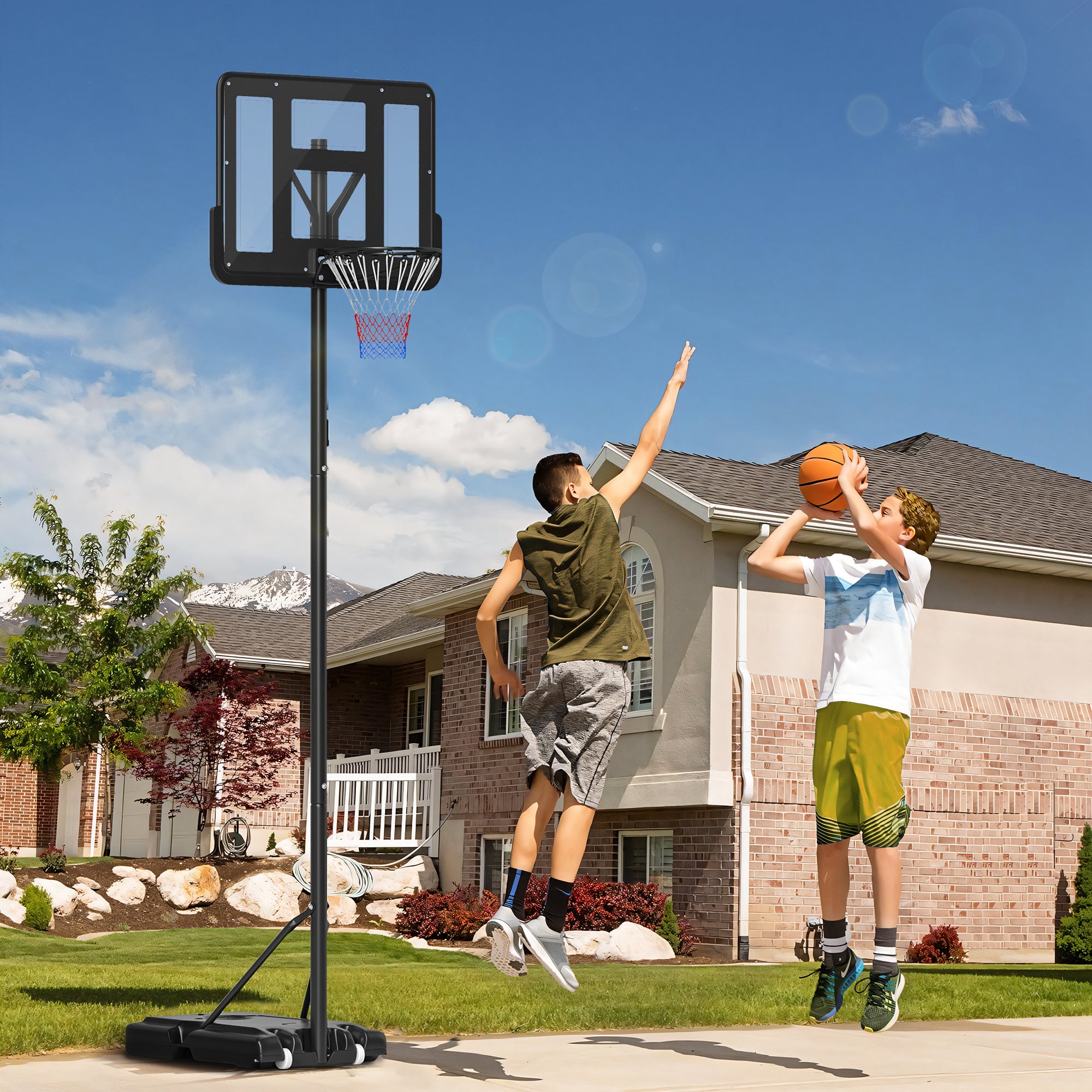 Adjustable Height Basketball Hoop (160-305cm), Wheeled Base, Steel Frame, Transparent PVC Backboard