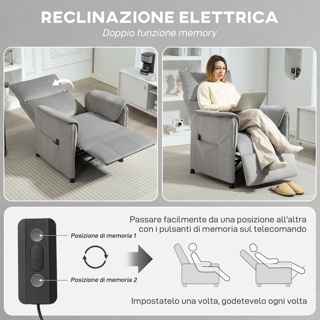 Electric Recliner Chair with Remote Control and Footrest, in Velvet Effect Fabric, 80x83x104 cm, Grey