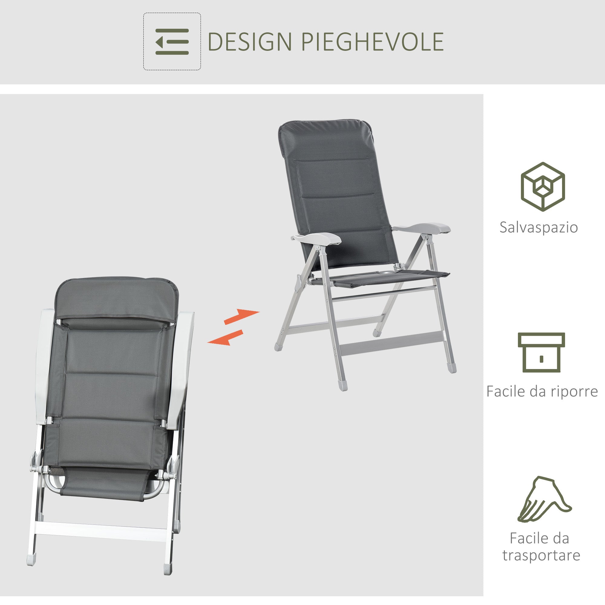 Folding Fishing Chair with Armrests and Adjustable Backrest, in Aluminum and Polyester, 75x61.5x76-115 cm, Gray