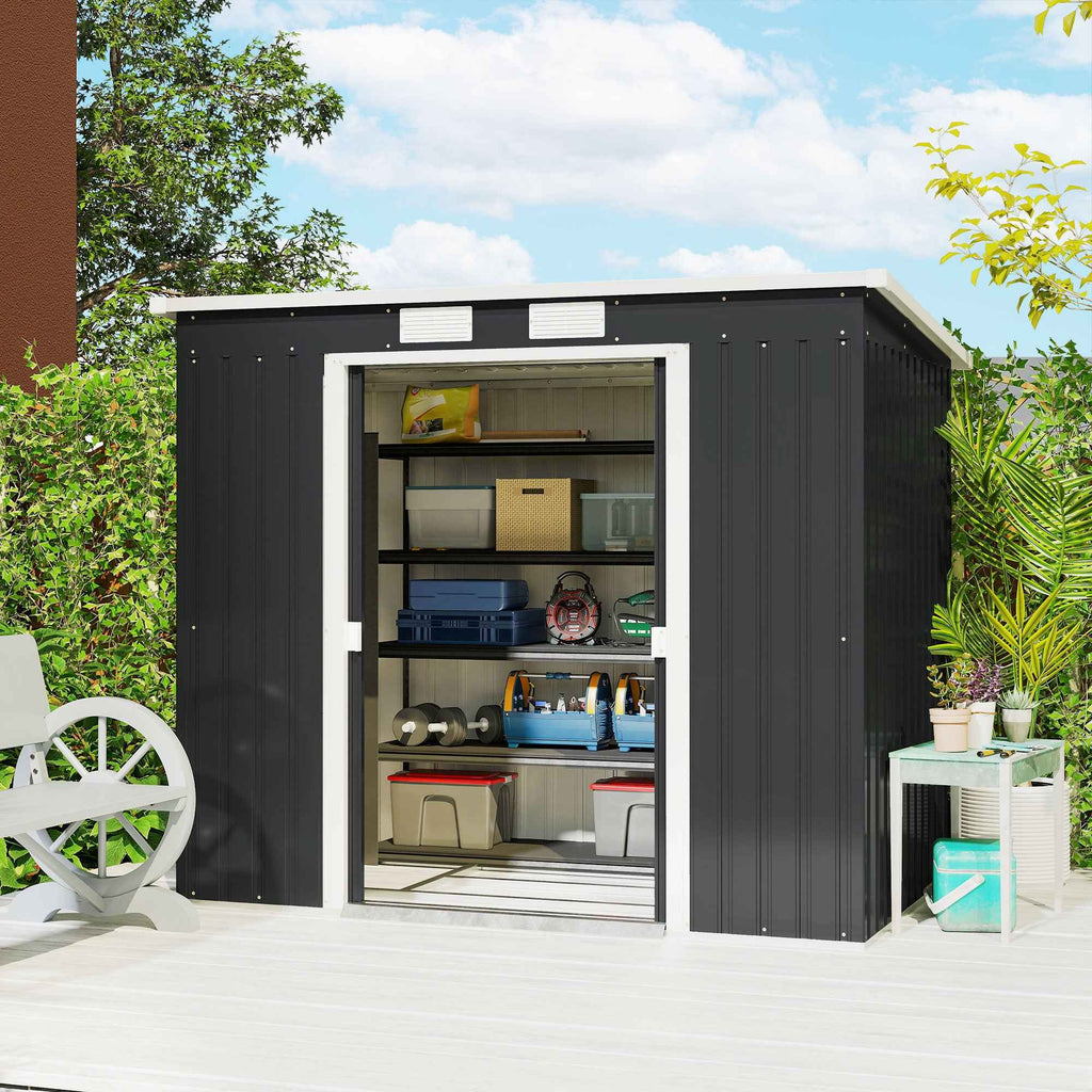 Outsunny Tool Shed with Sloped Roof, 2 Entrances and Air Vents, Steel, 213x130x172 cm, Dark Grey