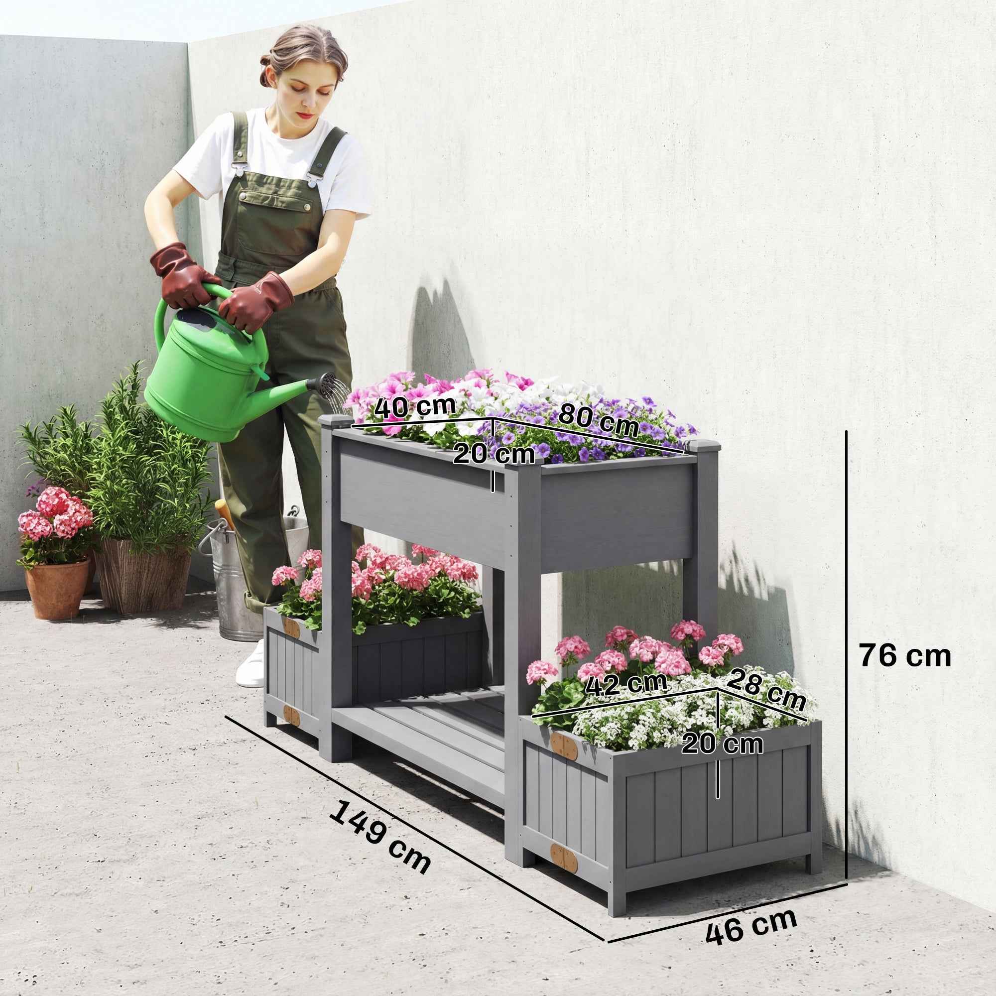 Outsunny Raised Planter with 2 Side Pots and Tool Shelf, in Fir Wood, 149x46x76 cm, Grey