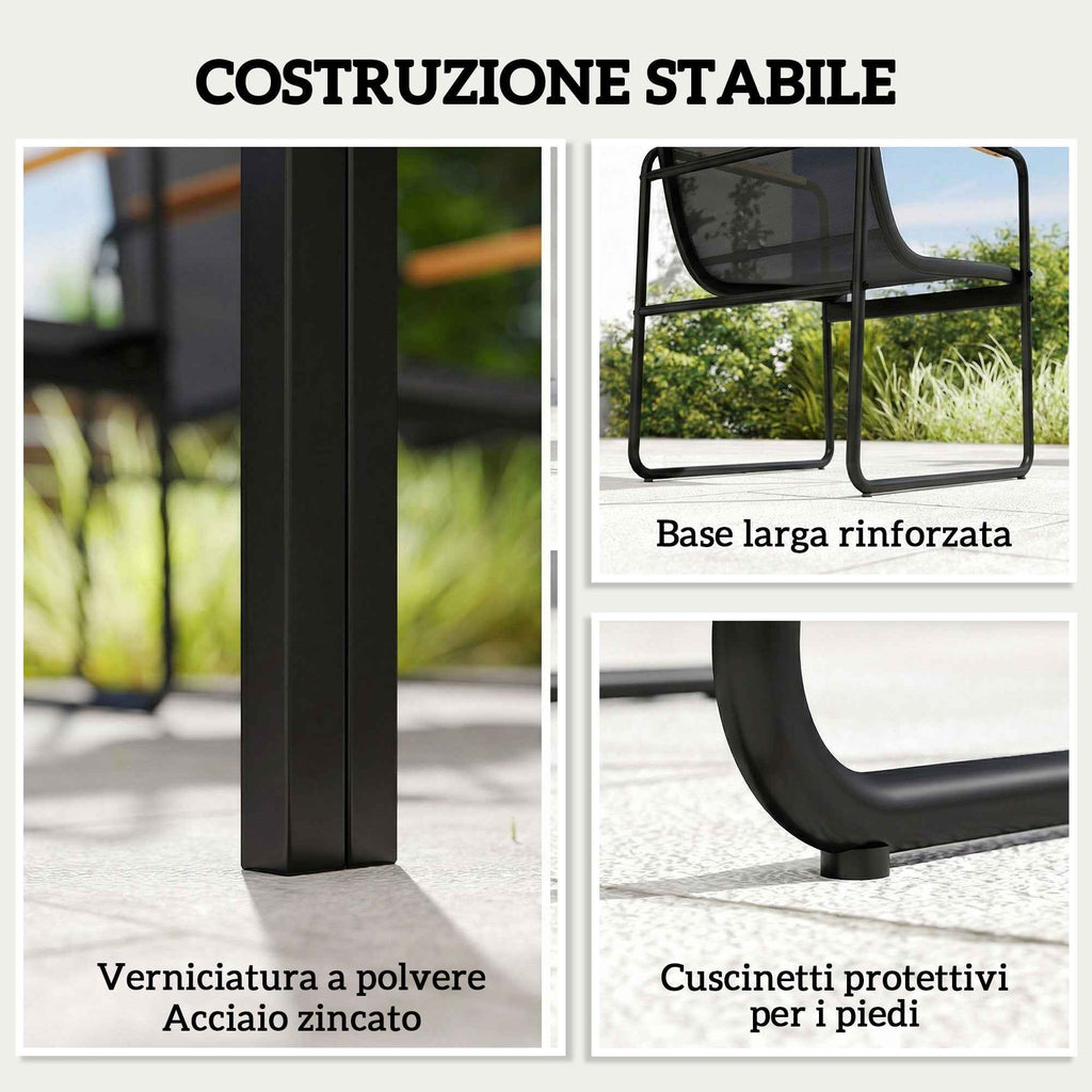 Outsunny Garden Table and 6 Chair Set with Steel and Glass Armrests, Black