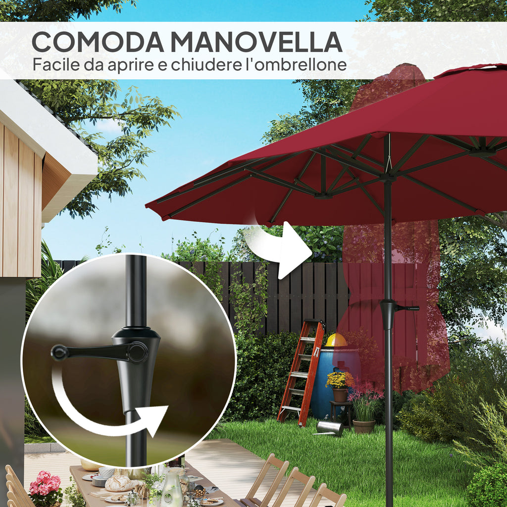 Double Umbrella with Air Vents and Crank, in Metal and Polyester, 4x2.2x2.34 m, Black and Red
