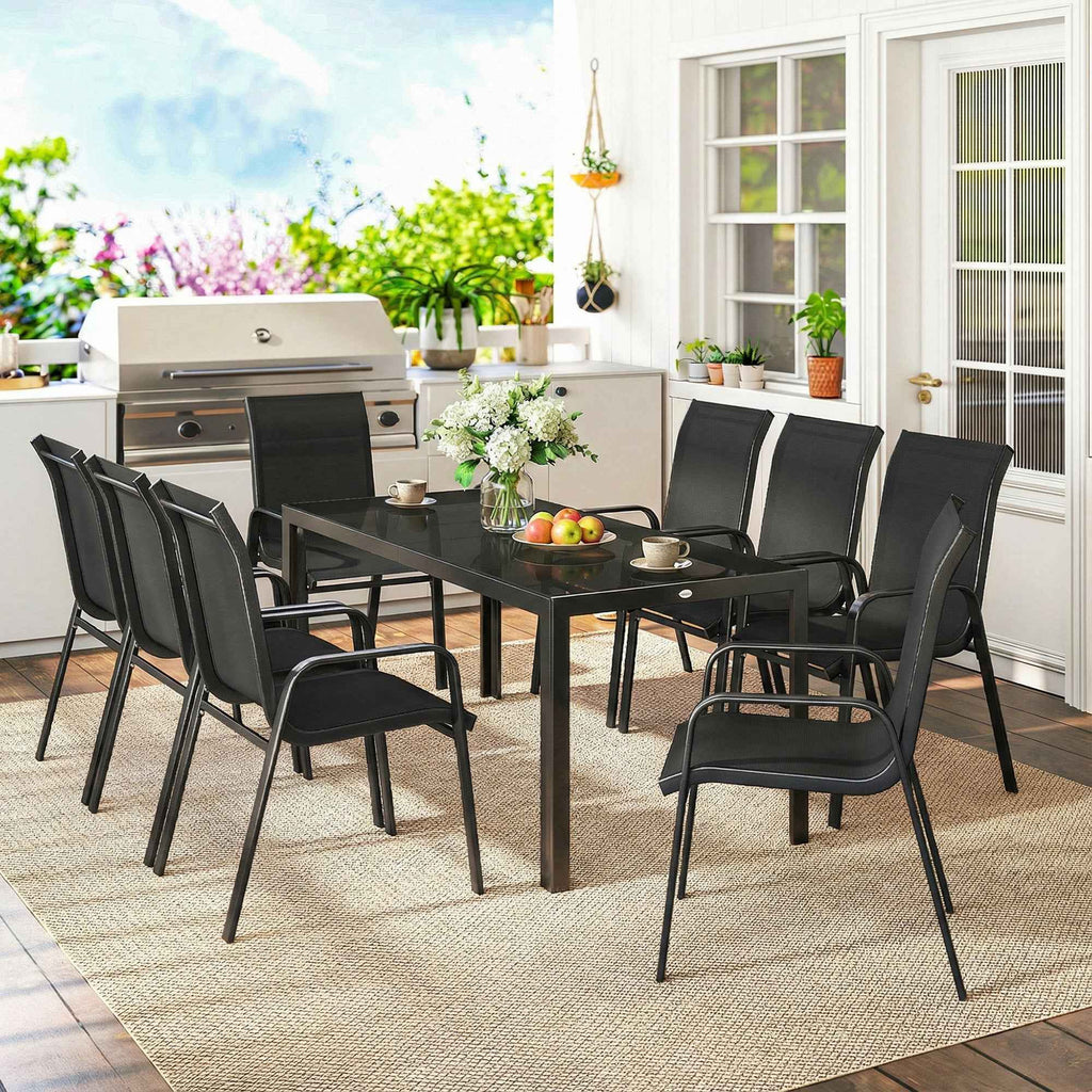 Outsunny 9-Piece Outdoor Set with 8 Stackable Texteline Chairs and Glass-Top Coffee Table, Black