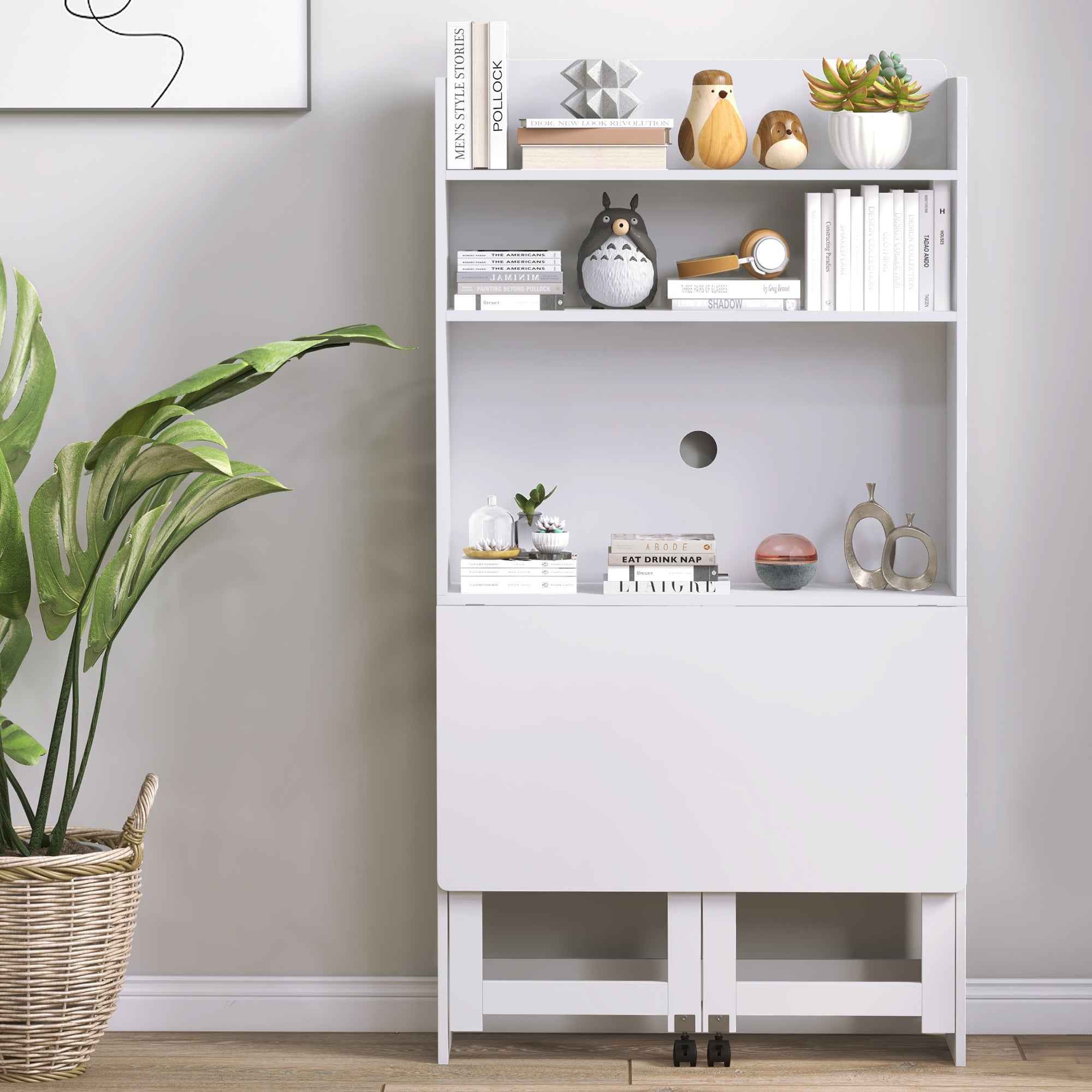 Folding Desk with 4-Tier Bookcase, 2 Wheels and Cable Hole, 80x69x155 cm, White