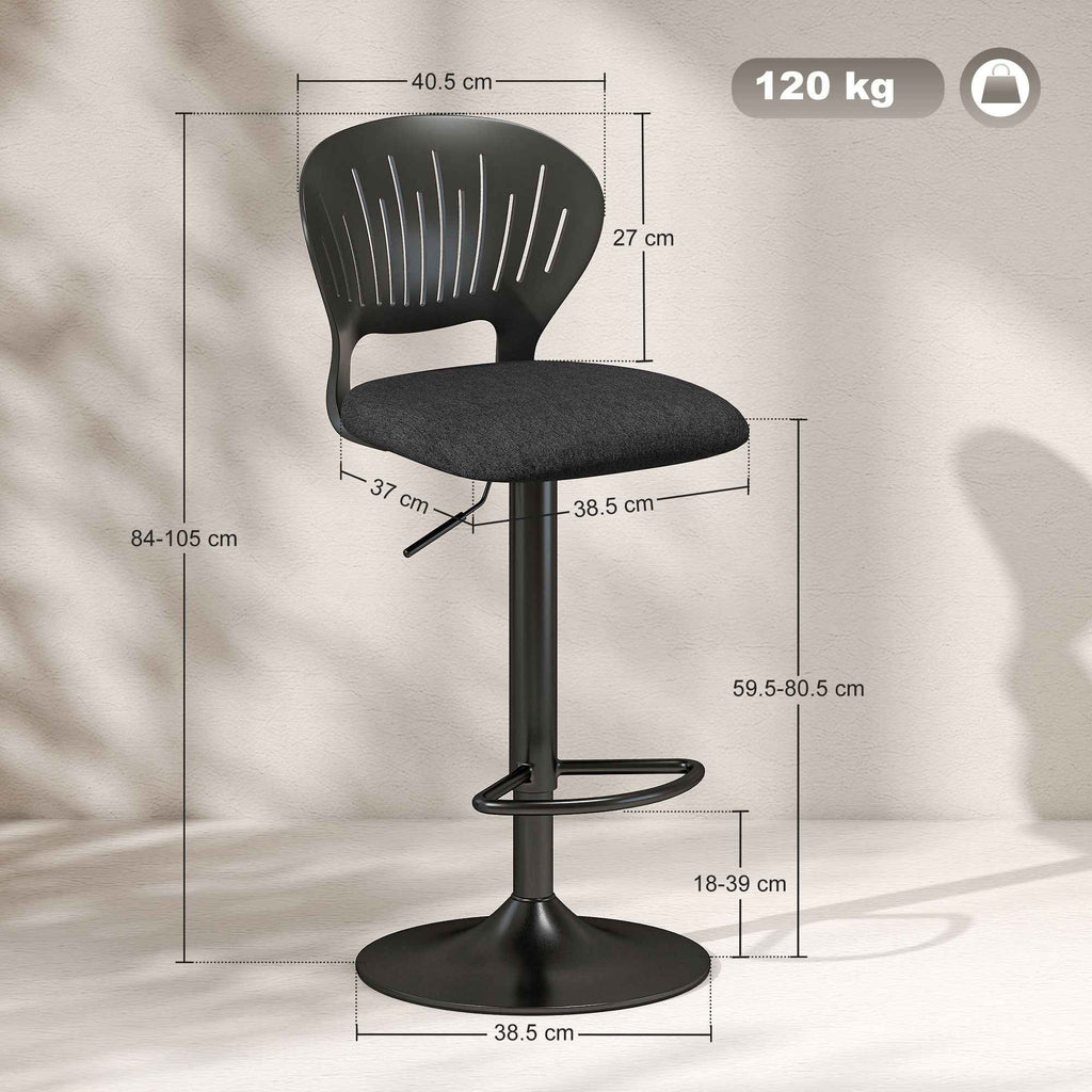 HOMCOM Set of 2 Breathable Linen-Effect Fabric and Metal Bar Stools with Footrest, 40.5x43x84-105 cm, Black