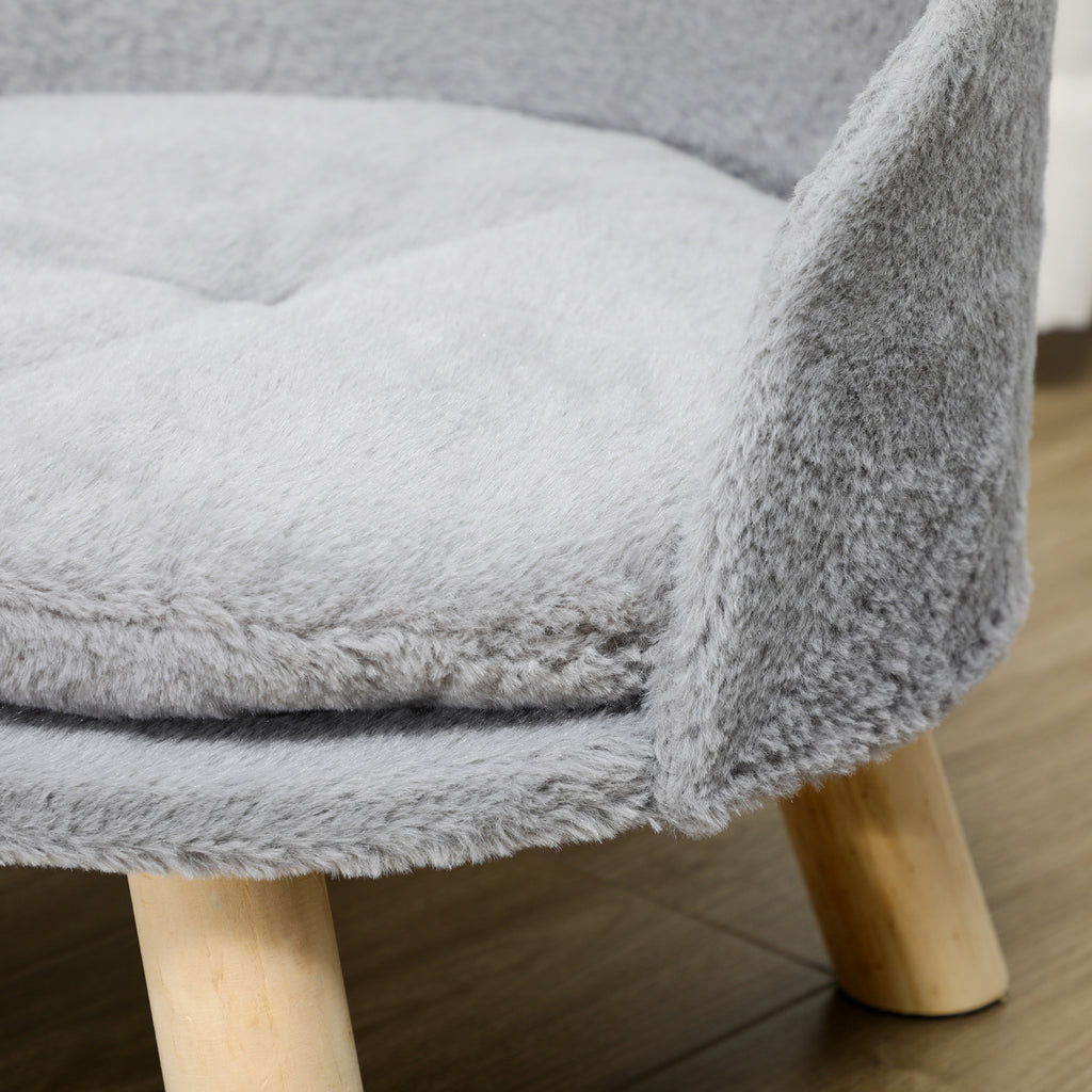 Round Dog Sofa in Plush Fabric and Wood with Extra Cushion, Ø40.5x33 cm, Grey and Wood Color