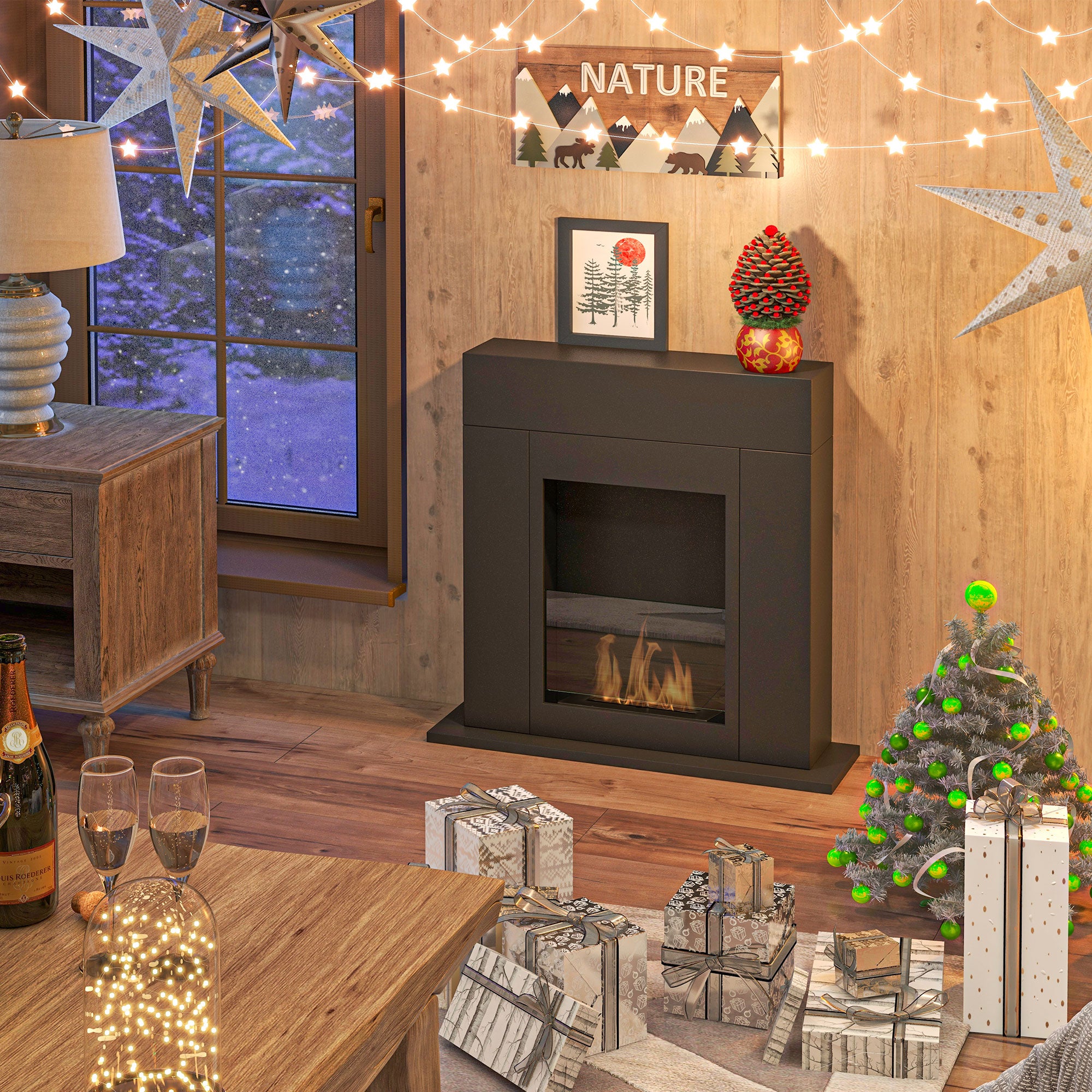 Bioethanol Fireplace with 0.9L Burner, 3 Hour Burning Time, Heated Area 20-25 m², 73x20x75cm, Black