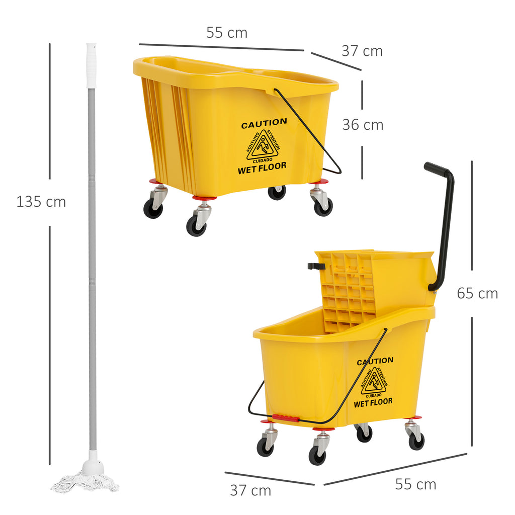 Professional 36L Mop Bucket with Mop, Wringer, Wheels and Handle, 55x37x65 cm, Yellow