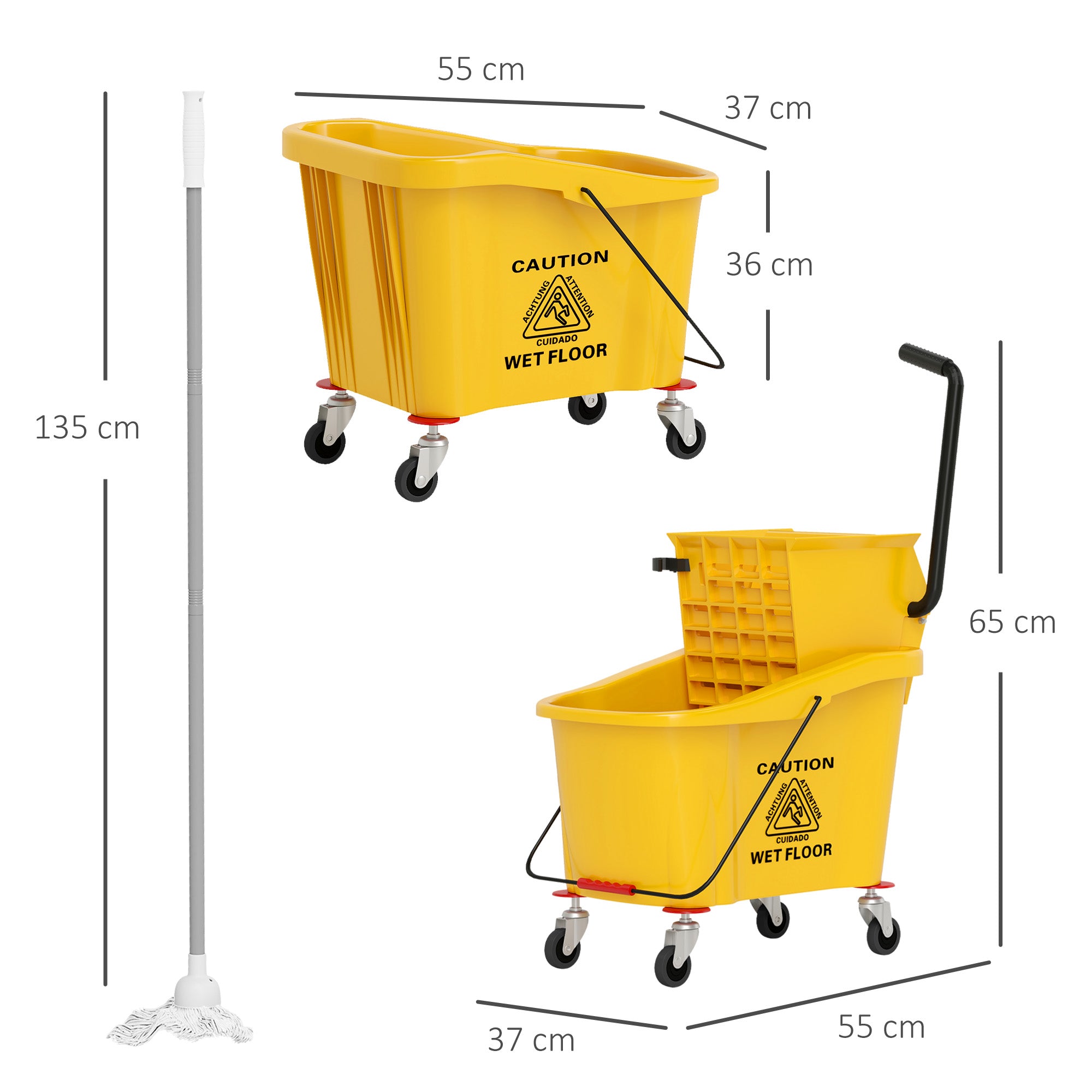 Professional 36L Mop Bucket with Mop, Wringer, Wheels and Handle, 55x37x65 cm, Yellow