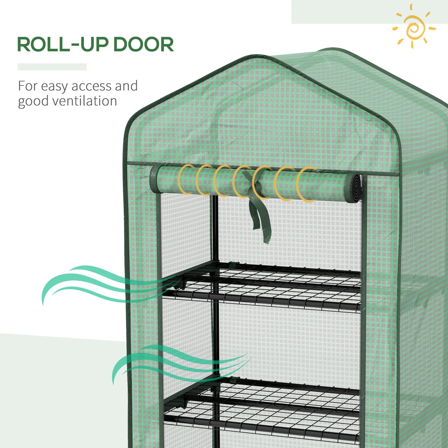 Outsunny Mini Garden Greenhouse with PE Cover, 3 Shelves and Wheels, 69x49x130cm, Green - Borgè