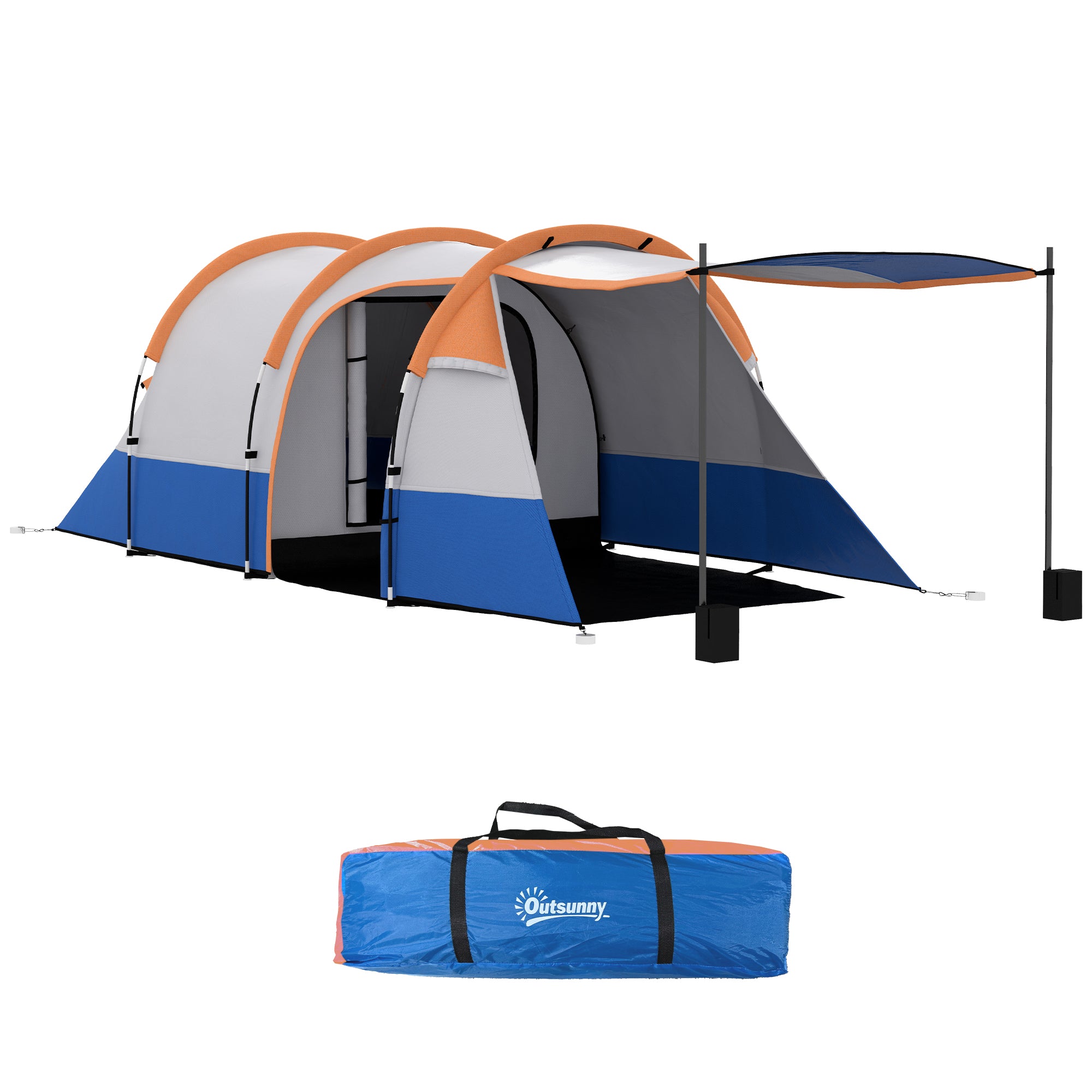 Waterproof Camping Tent with 2 Areas and 3 Entrances, Polyester and Fiberglass, 420x200x150 cm, Orange