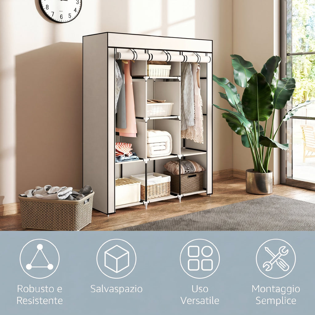 HOMCOM Space-Saving Wardrobe with Raised Base, 8 Shelves and 2 Bars, in Non-Woven Fabric and Steel, Cream