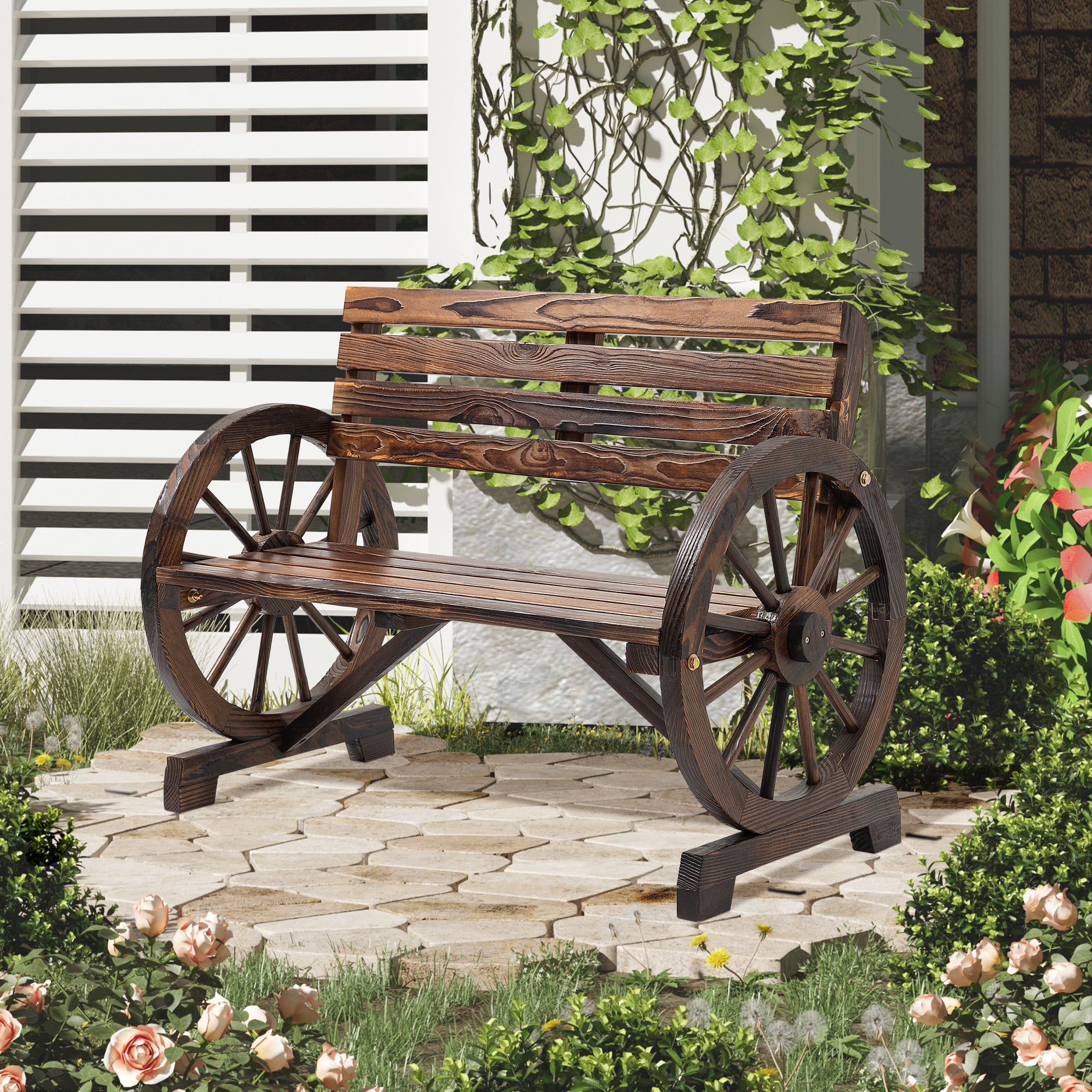 Outsunny 2-Seater Garden Bench with Slatted Frame and Wagon Wheel Armrests, Wooden, 105.5x56x79 cm, Burnt Brown