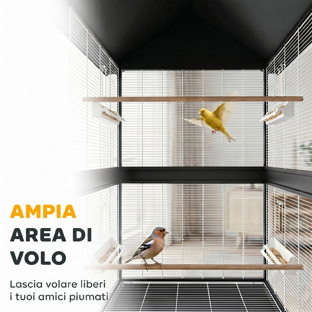 PawHut Large Bird Cage with Wheels, Removable Tray, Perches, Roof, Parrots, Canaries, Black