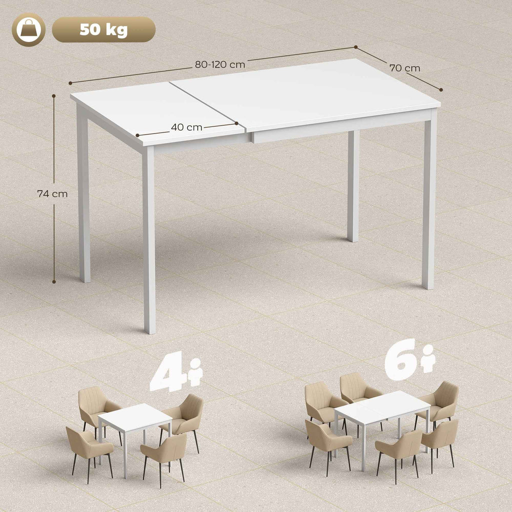 Space-Saving Rectangular Extendable Dining Table, 80-120cm, White