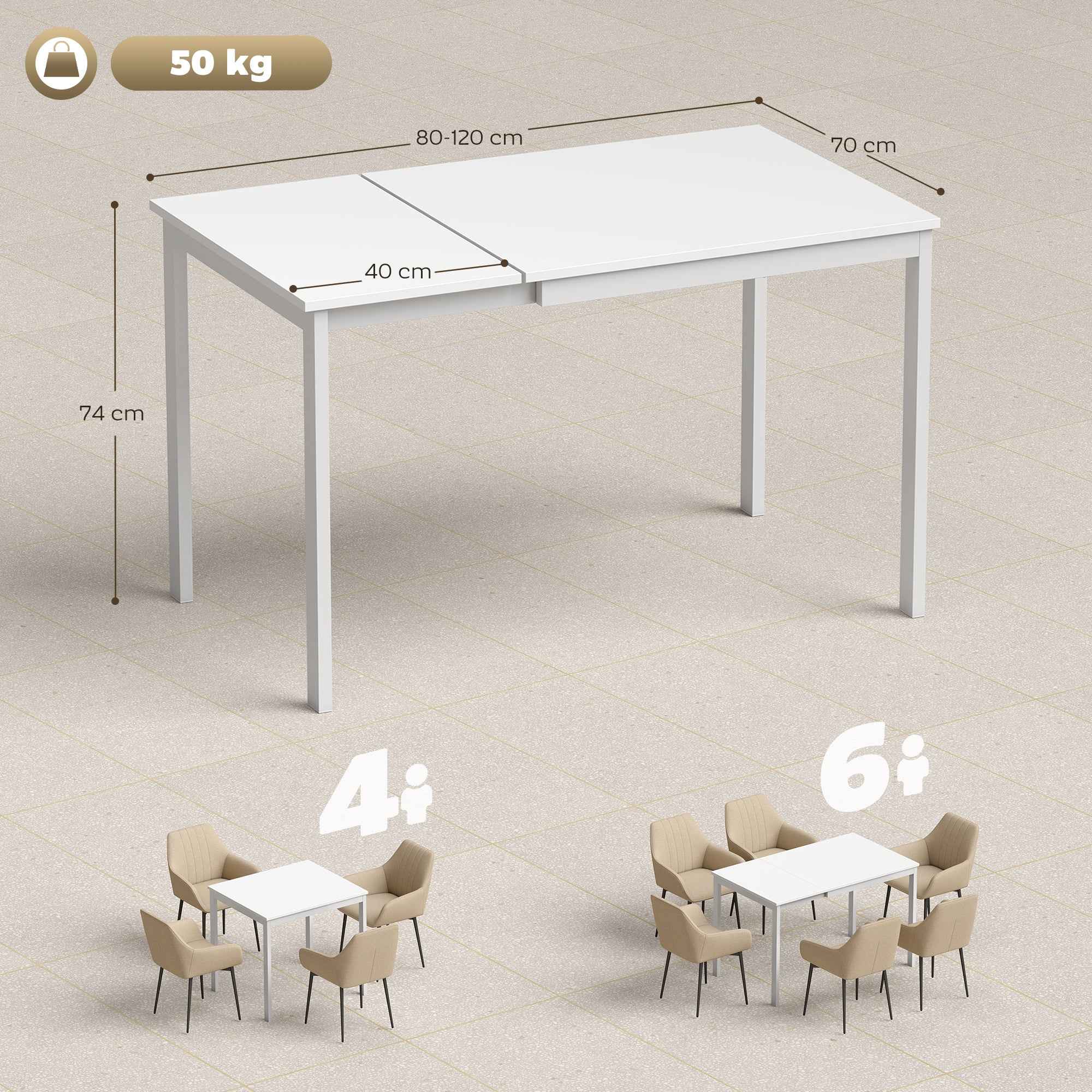Space-Saving Rectangular Extendable Dining Table, 80-120cm, White