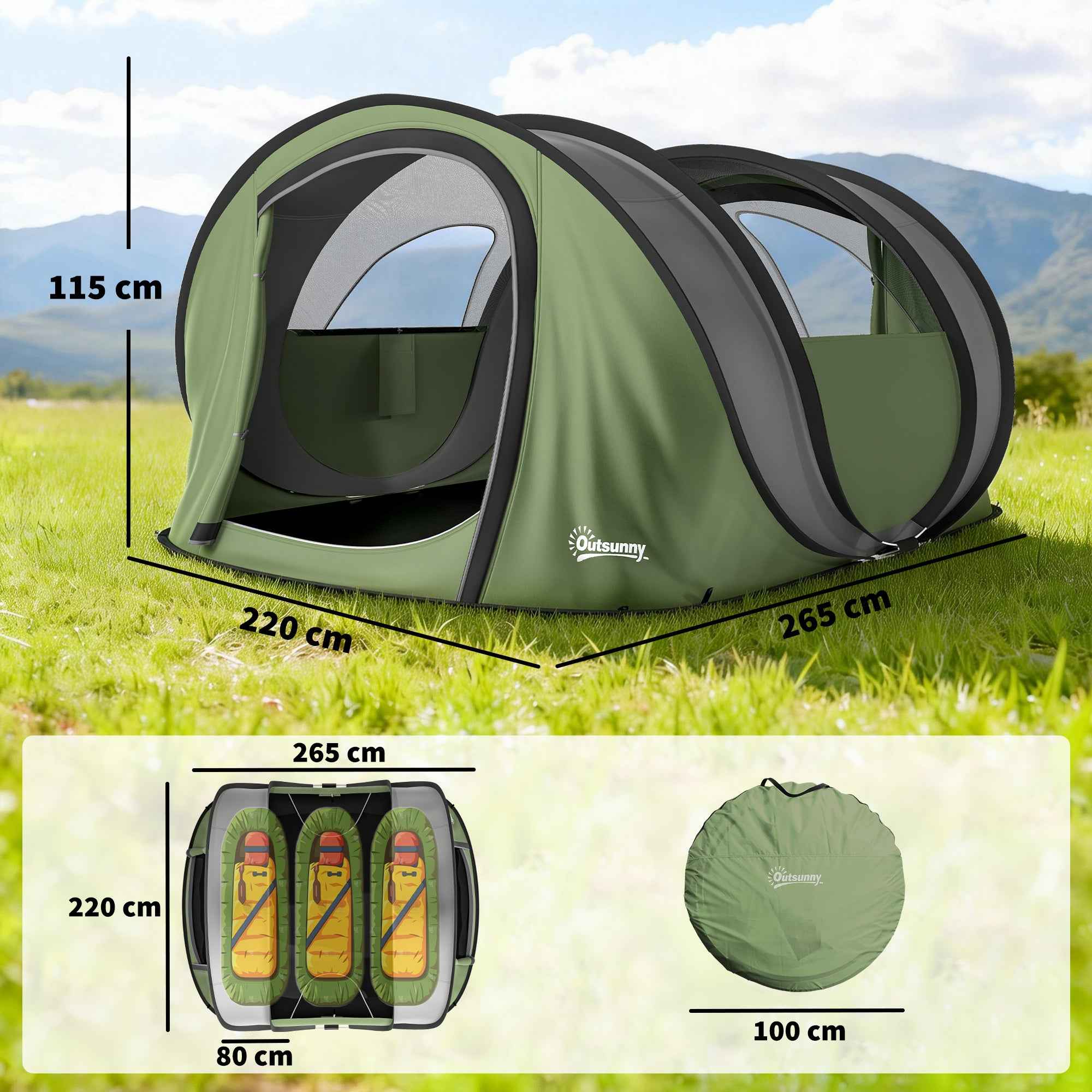Outsunny Pop-Up Camping Tent for 2-3 People, 2 Doors, 2 Windows, Waterproof, Green