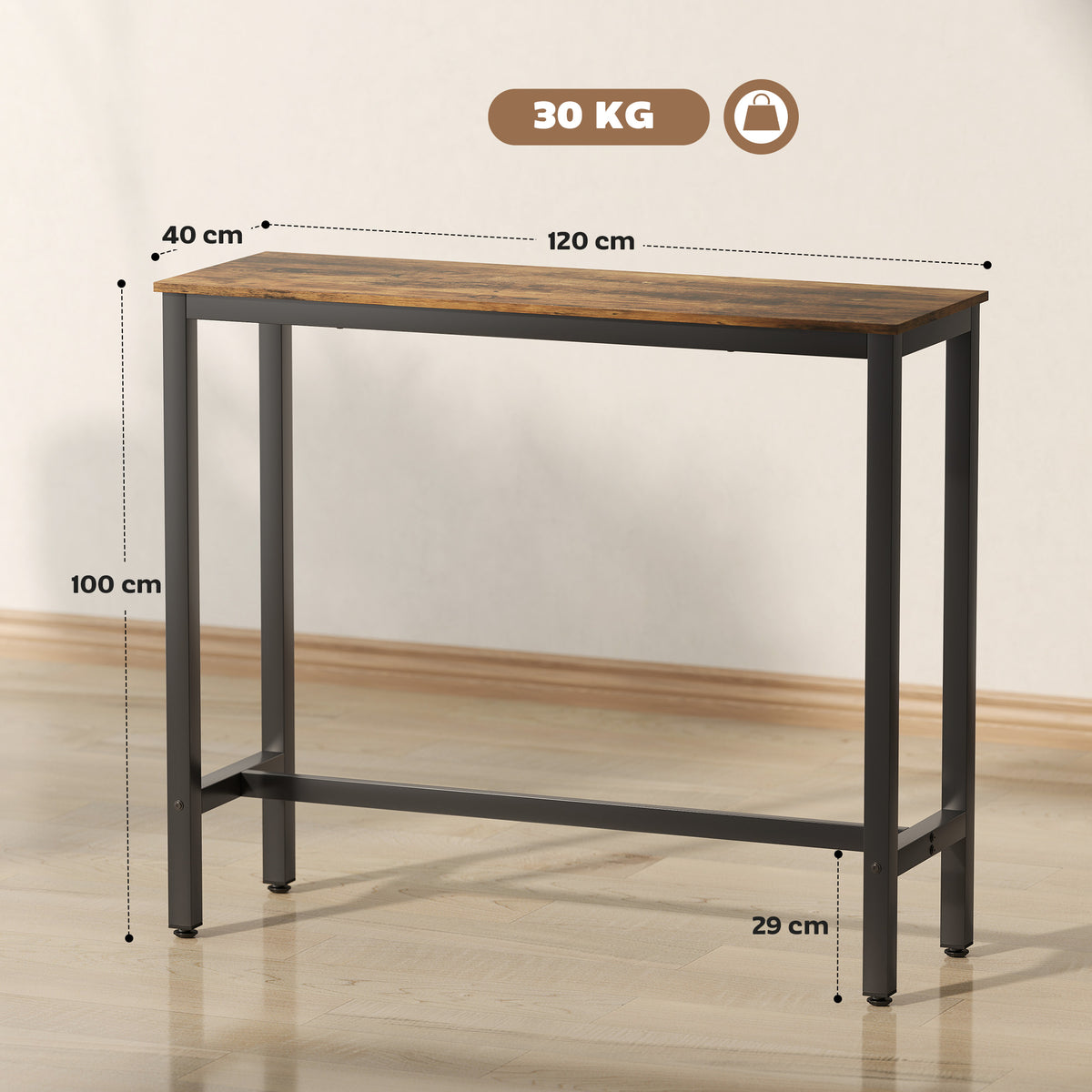HOMCOM Industrial Style Tall Rectangular Bar Table, Steel and Wood, 120x40x100 cm, Rustic Brown